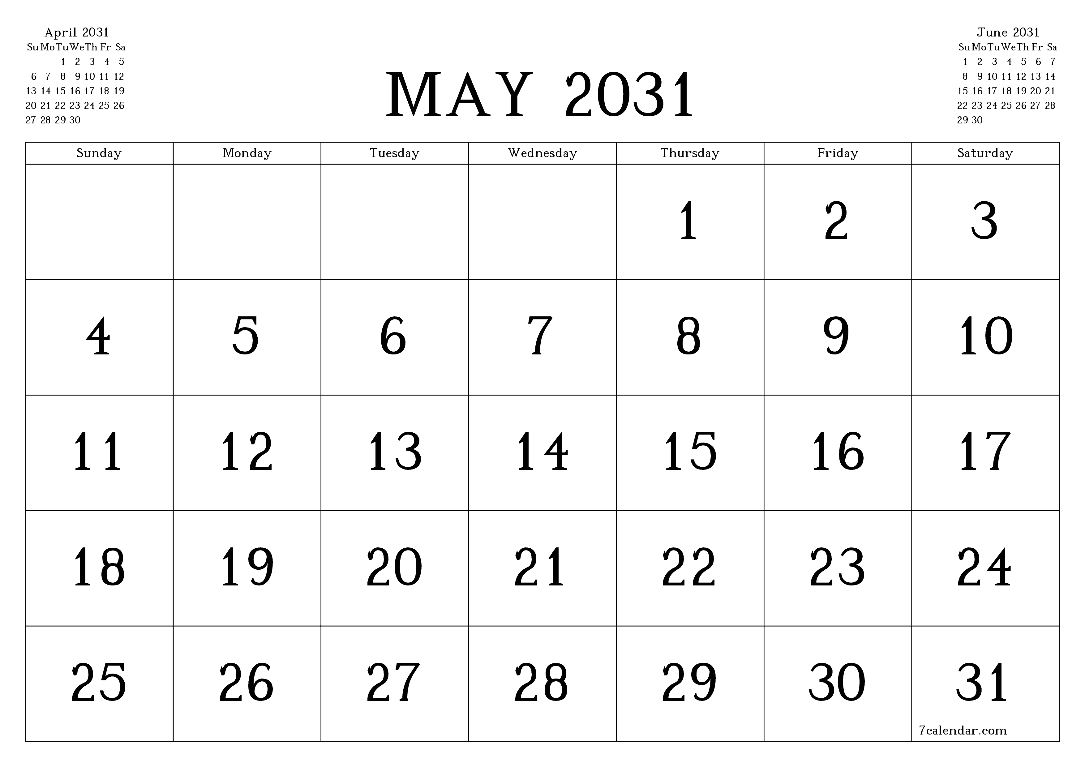 Blank calendar May 2031