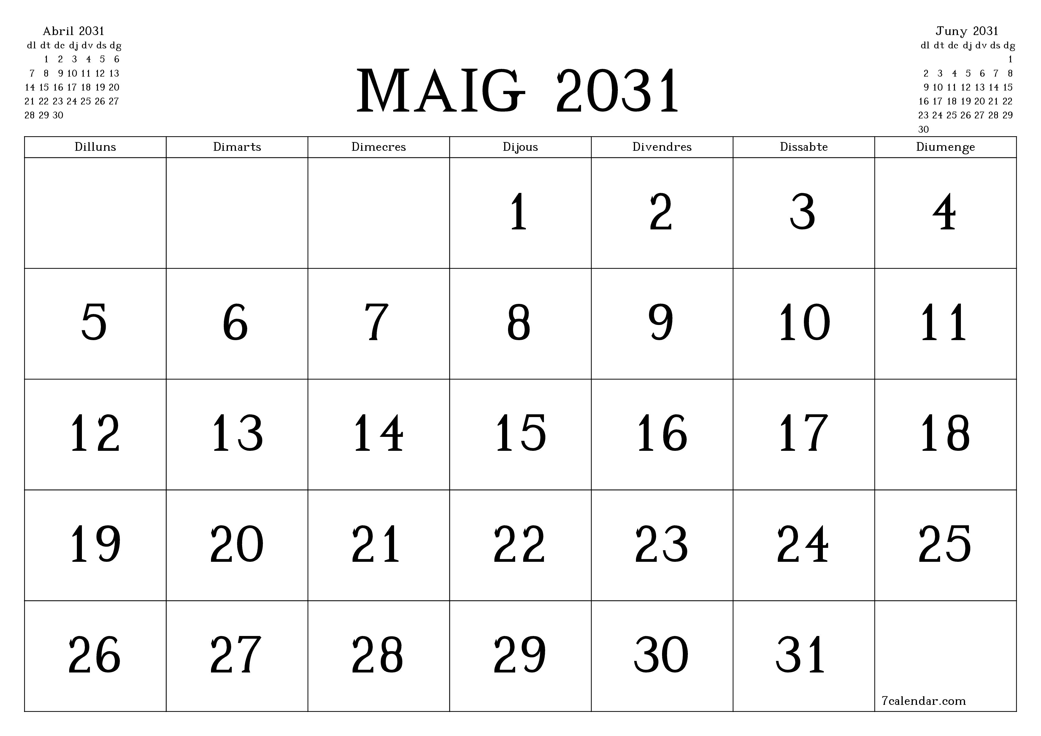 Planificador mensual buit del mes Maig 2031 amb notes, deseu-lo i imprimiu-lo en format PDF PNG Catalan