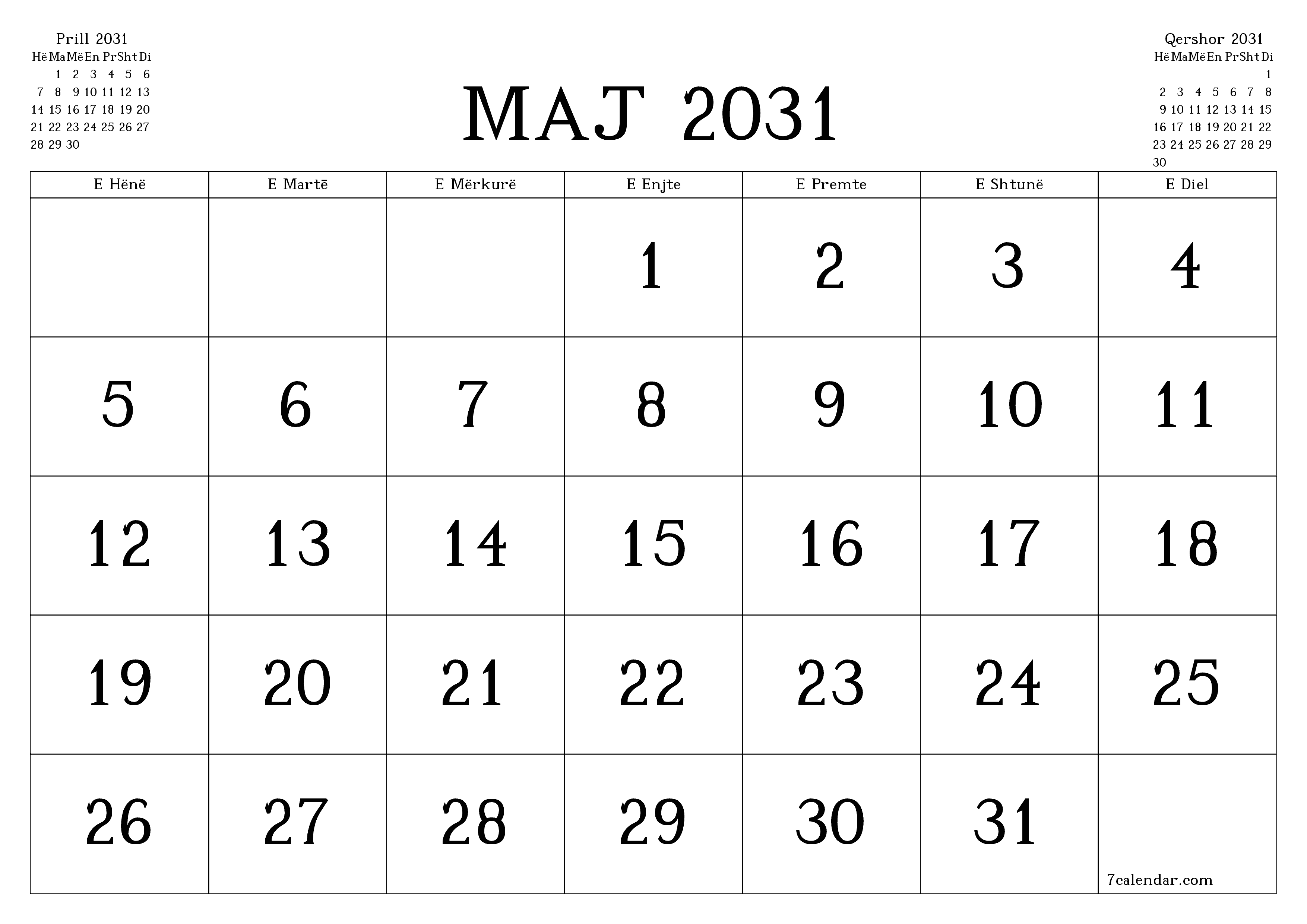 Planifikuesi i zbrazët i kalendarit mujor për muajin Maj 2031 me shënime të ruajtura dhe të printuara në PDF PNG Albanian