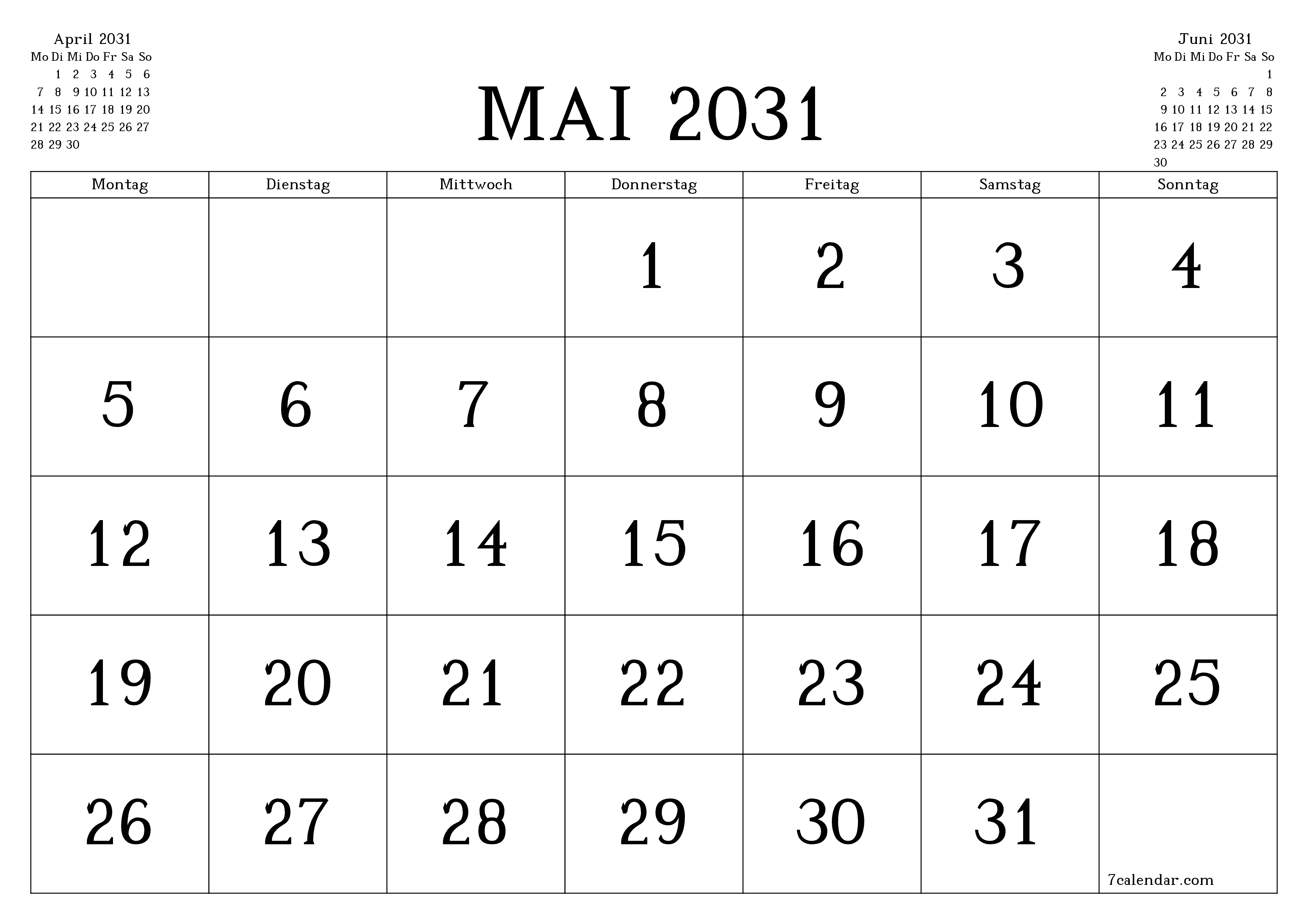 Monatsplaner für Monat Mai 2031 mit Notizen leeren, speichern und als PDF PNG German - 7calendar.com drucken