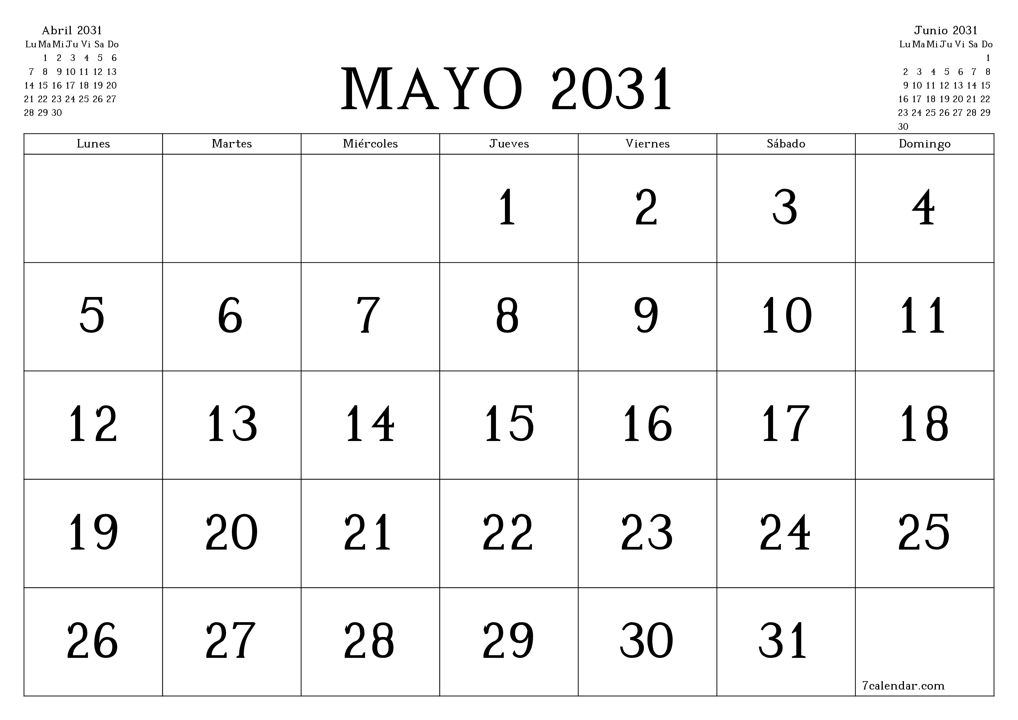 Planificador mensual vacío para el mes Mayo 2031 con notas, guardar e imprimir en PDF PNG Spanish