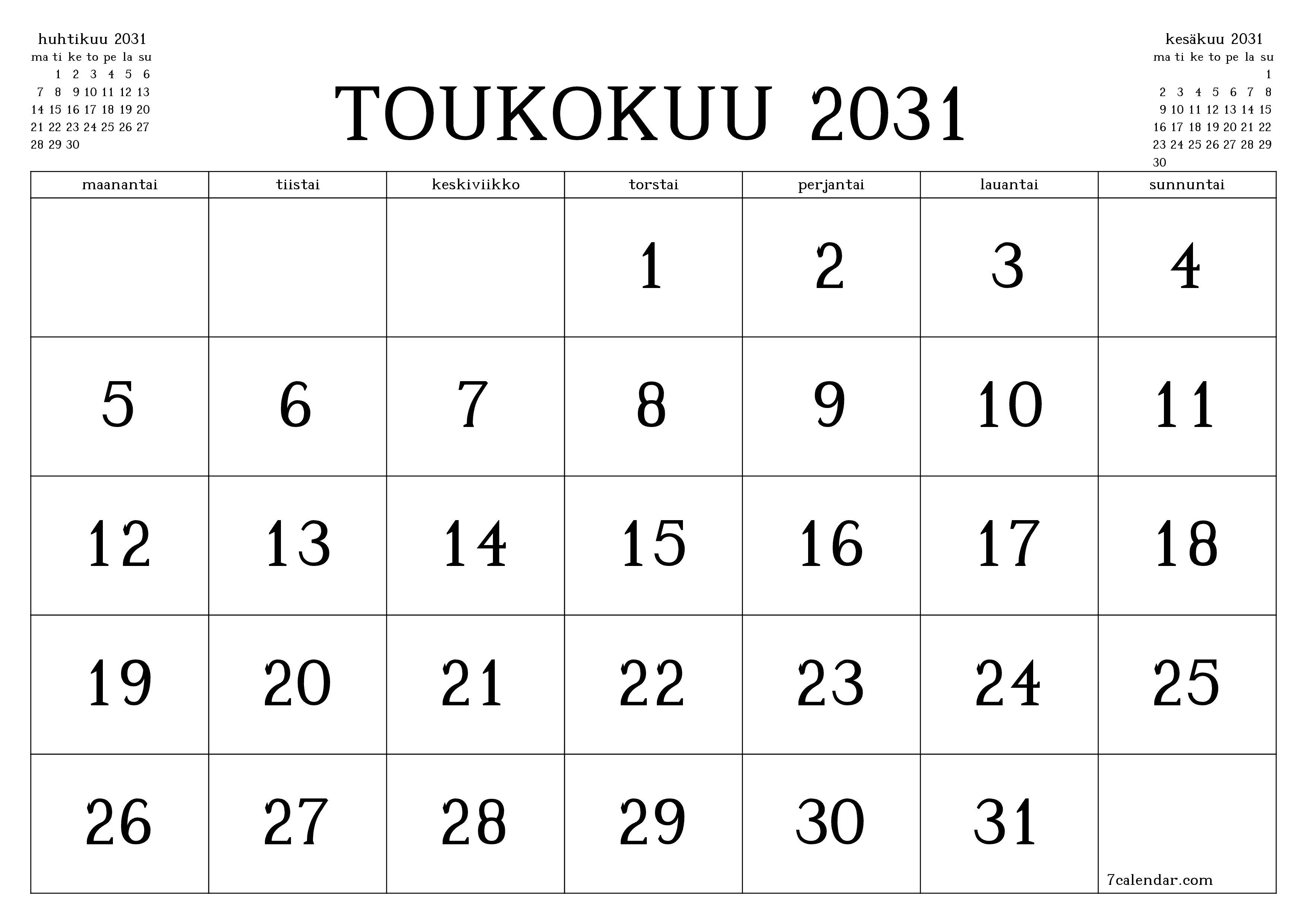 Tyhjennä kuukausittainen suunnittelija kuukaudelle Toukokuu 2031 muistiinpanoilla, tallenna ja tulosta PDF-muotoon PNG Finnish