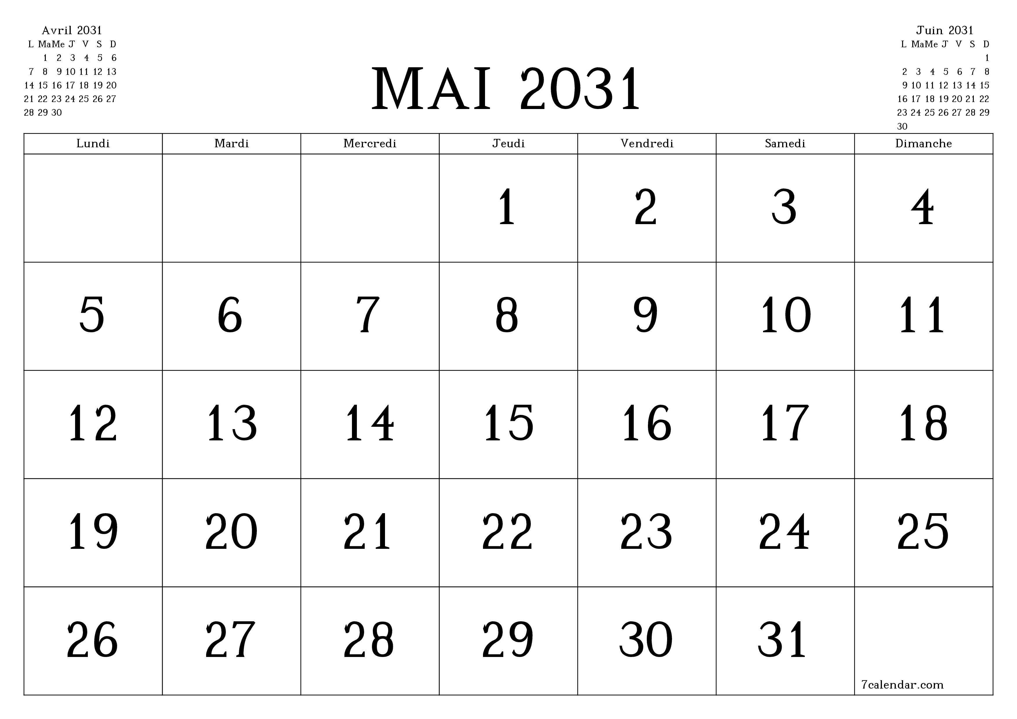 Agenda mensuel vide pour le mois Mai 2031 avec notes, enregistrez et imprimez au format PDF PNG French