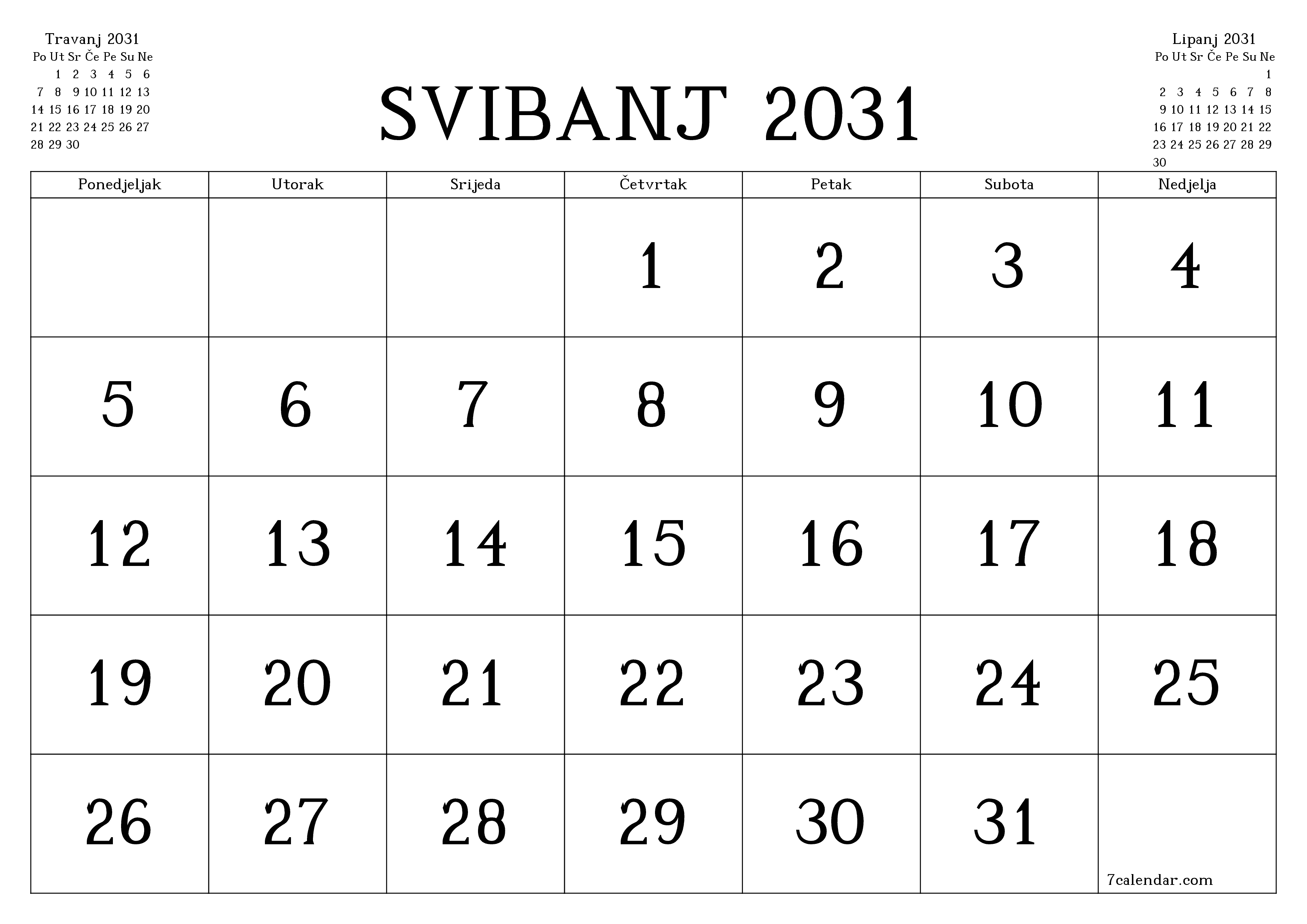 Ispraznite mjesečni planer za mjesec Svibanj 2031 s bilješkama, spremite i ispišite u PDF PNG Croatian