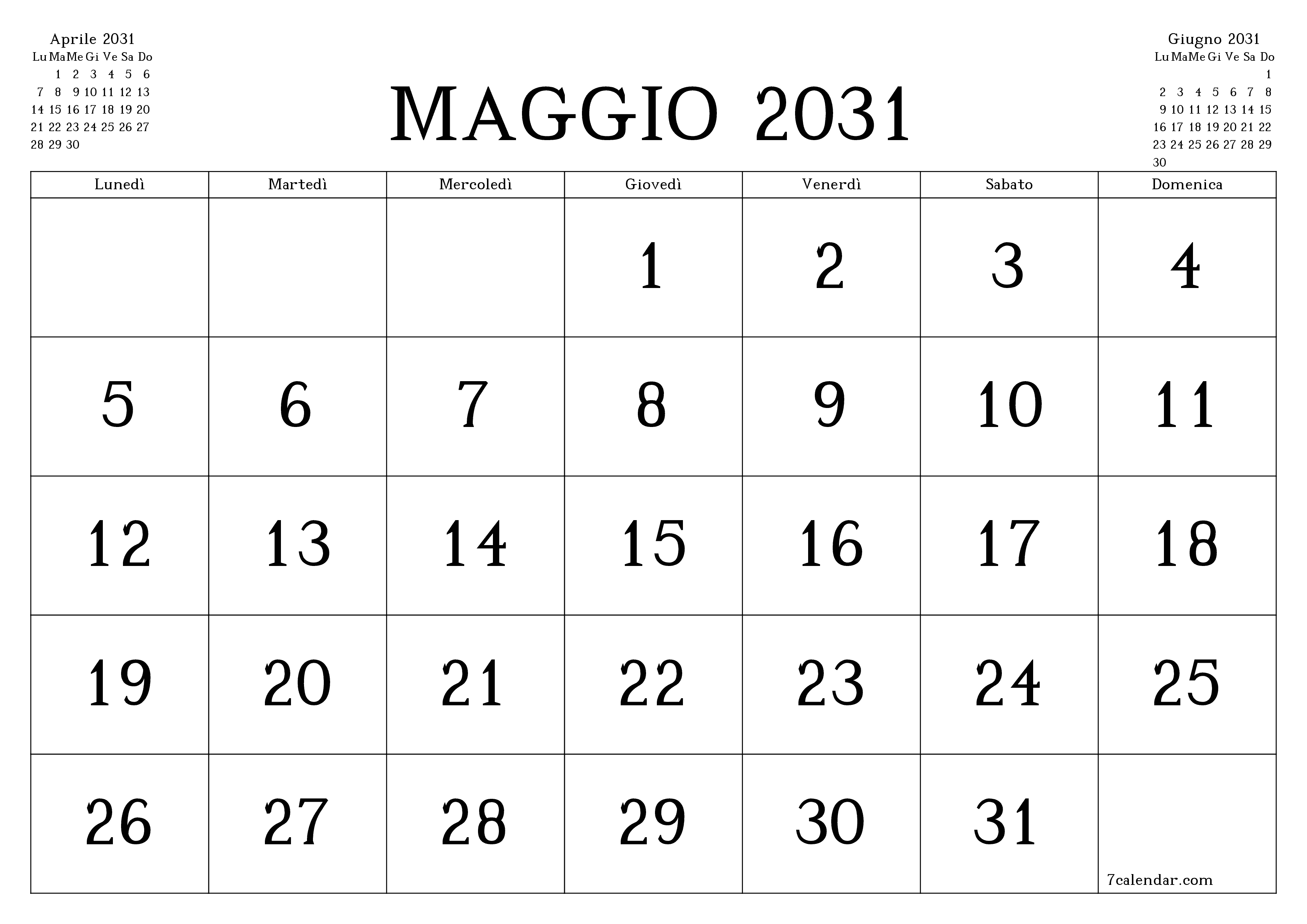 Pianificatore mensile vuoto per il mese Maggio 2031 con note, salva e stampa in PDF PNG Italian