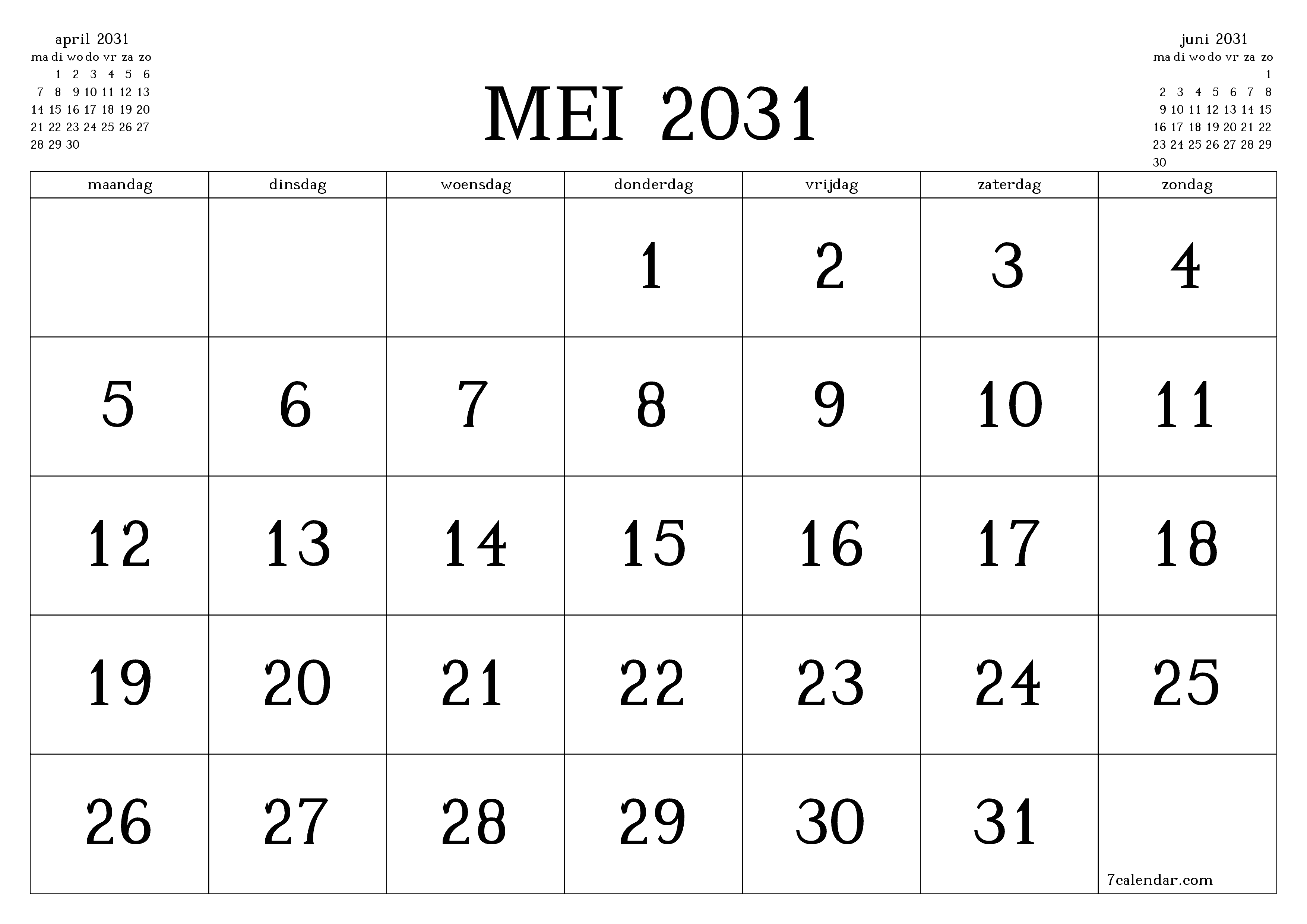 Lege maandplanner voor maand mei 2031 met notities, opslaan en afdrukken naar pdf PNG Dutch