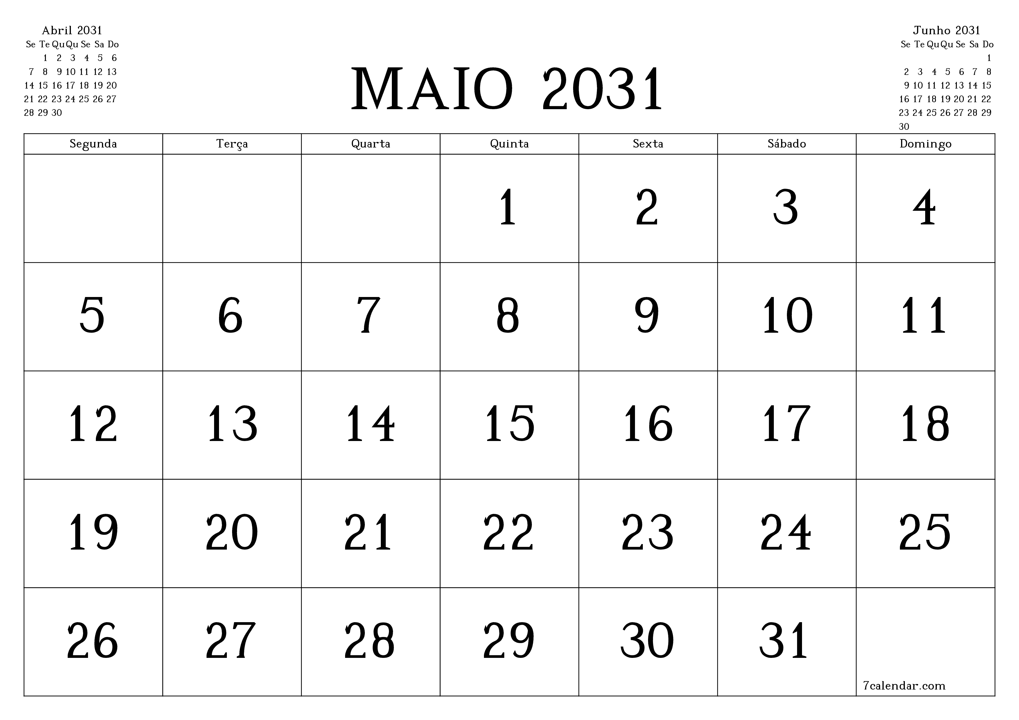 Esvazie o planejador mensal para o mês Maio 2031 com notas, salve e imprima em PDF PNG Portuguese