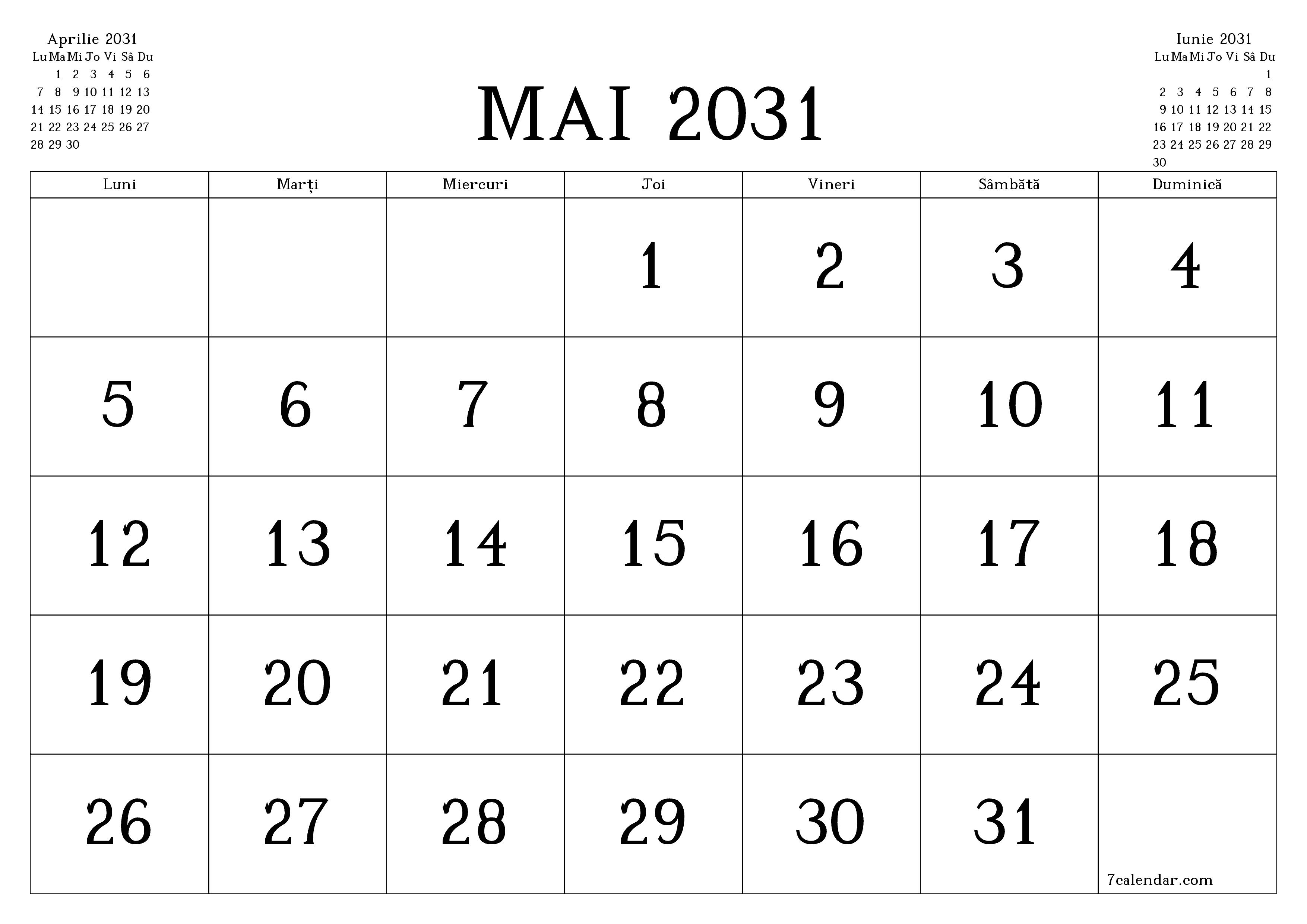 Planificator lunar gol pentru luna Mai 2031 cu note, salvați și tipăriți în PDF PNG Romanian