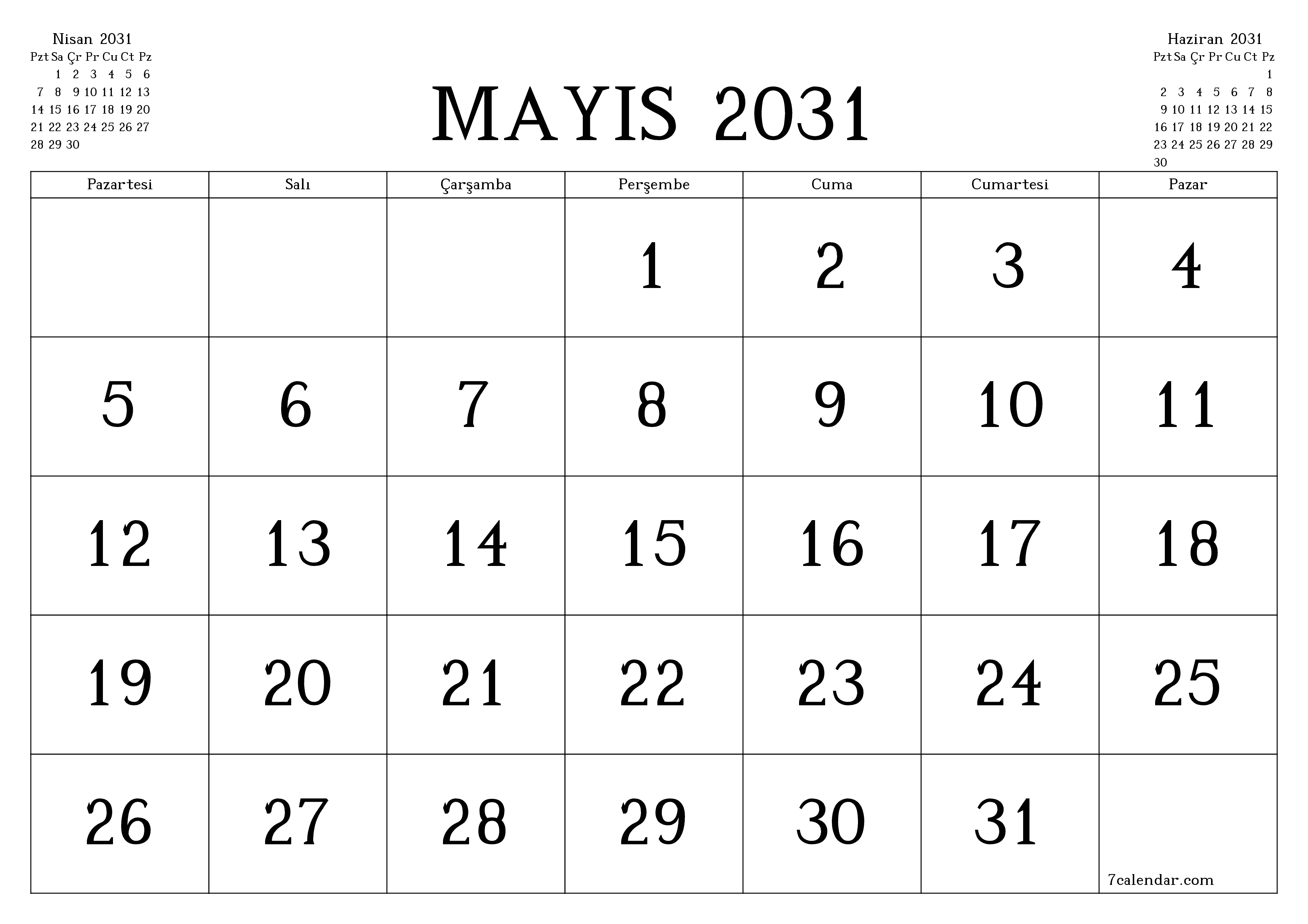 Mayıs 2031 ayı için notlarla birlikte boş aylık planlayıcı, kaydedin ve PDF'ye yazdırın PNG Turkish