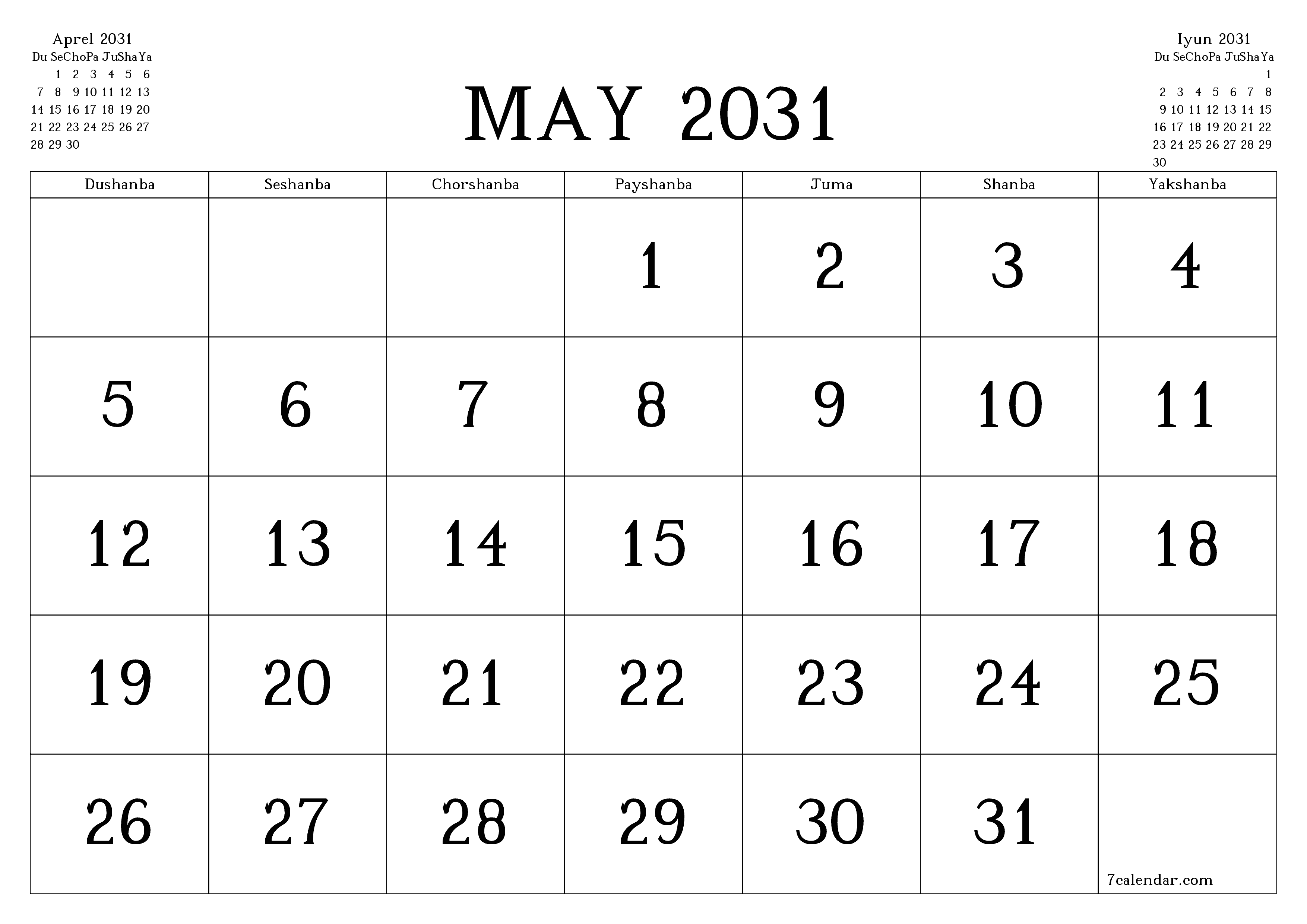 May 2031 oylik oylik rejalashtiruvchini yozuvlar bilan bo'shatish, saqlash va PDF-ga chop etish PNG Uzbek