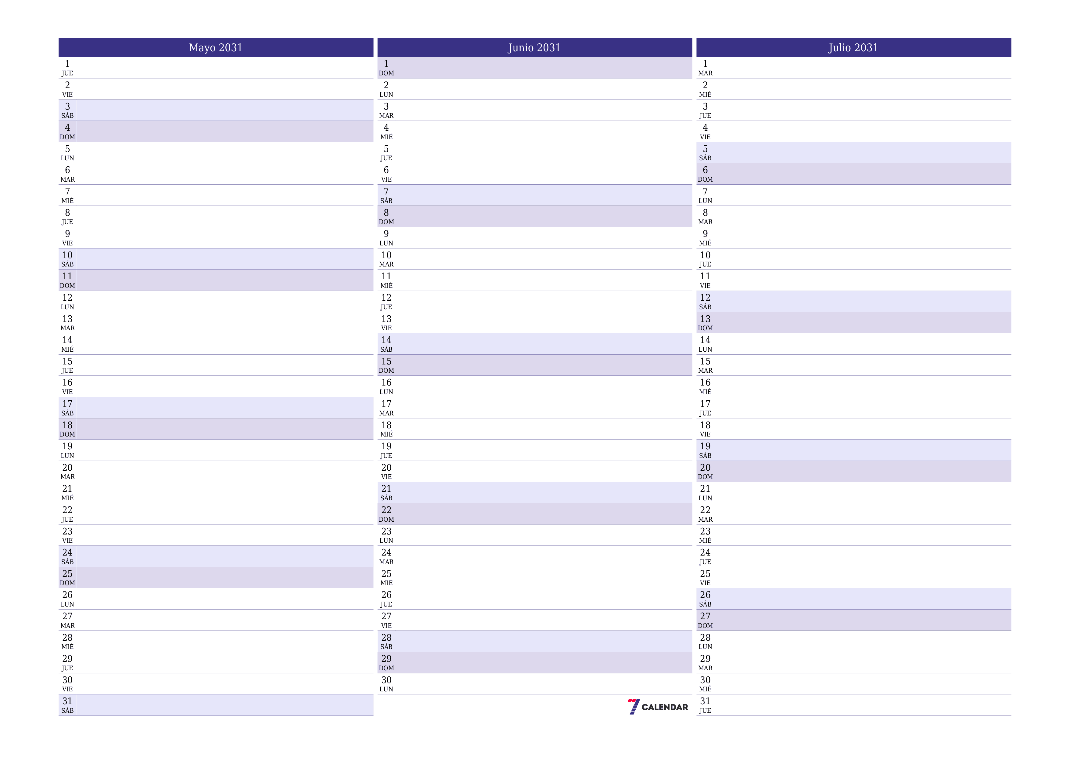 Planificador mensual vacío para el mes Mayo 2031 con notas, guardar e imprimir en PDF PNG Spanish