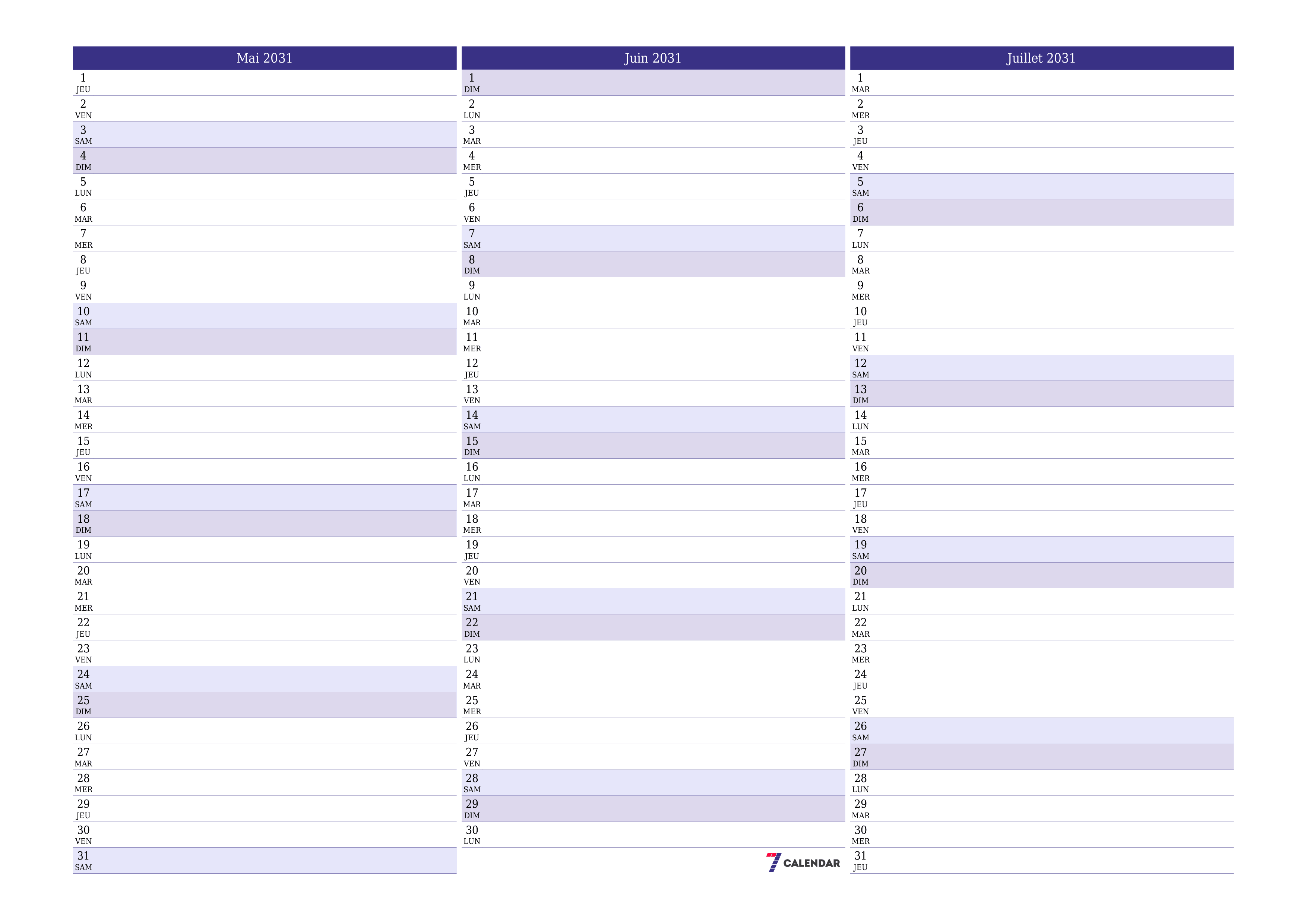 Agenda mensuel vide pour le mois Mai 2031 avec notes, enregistrez et imprimez au format PDF PNG French