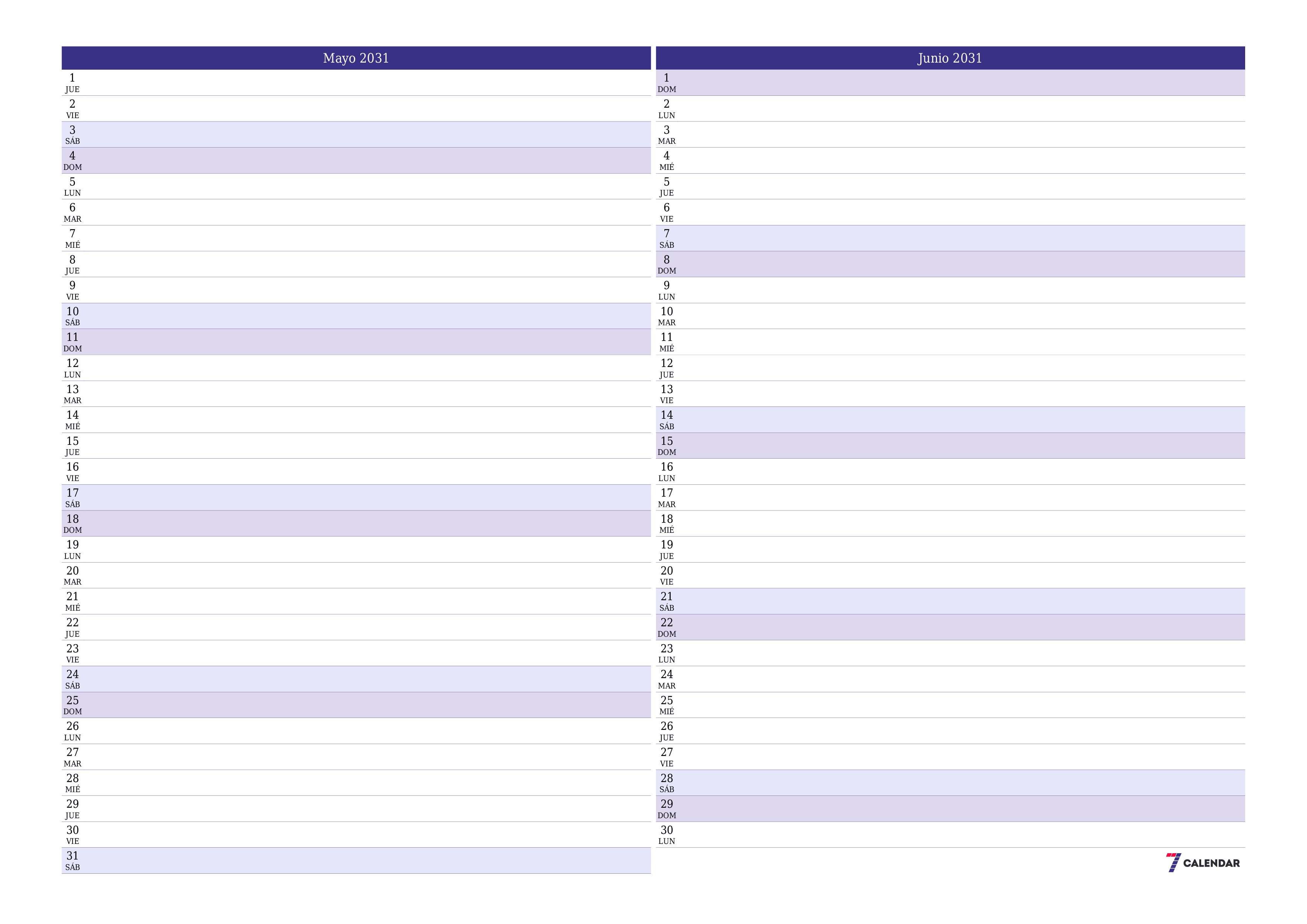 Planificador mensual vacío para el mes Mayo 2031 con notas, guardar e imprimir en PDF PNG Spanish