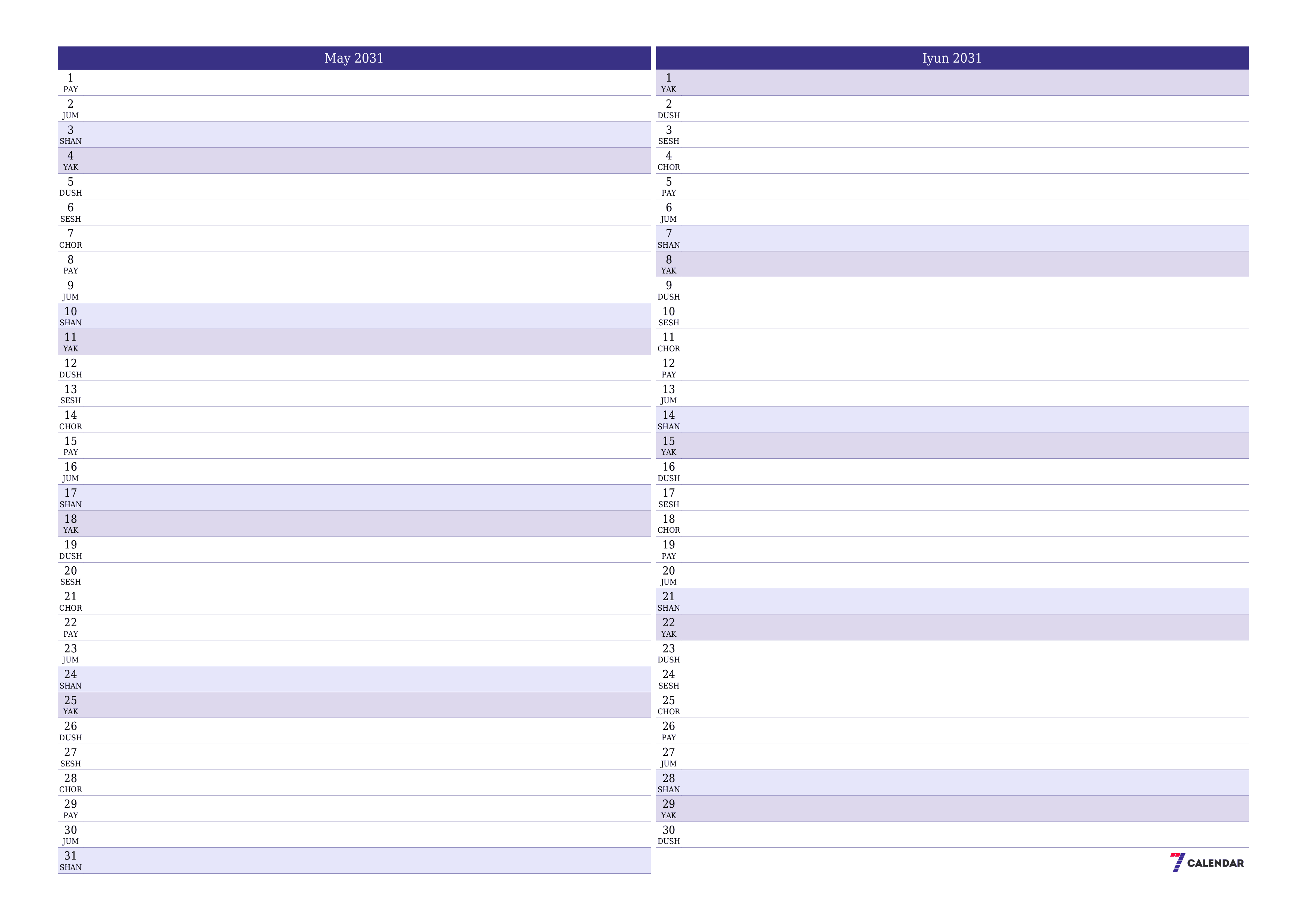 May 2031 oylik oylik rejalashtiruvchini yozuvlar bilan bo'shatish, saqlash va PDF-ga chop etish PNG Uzbek