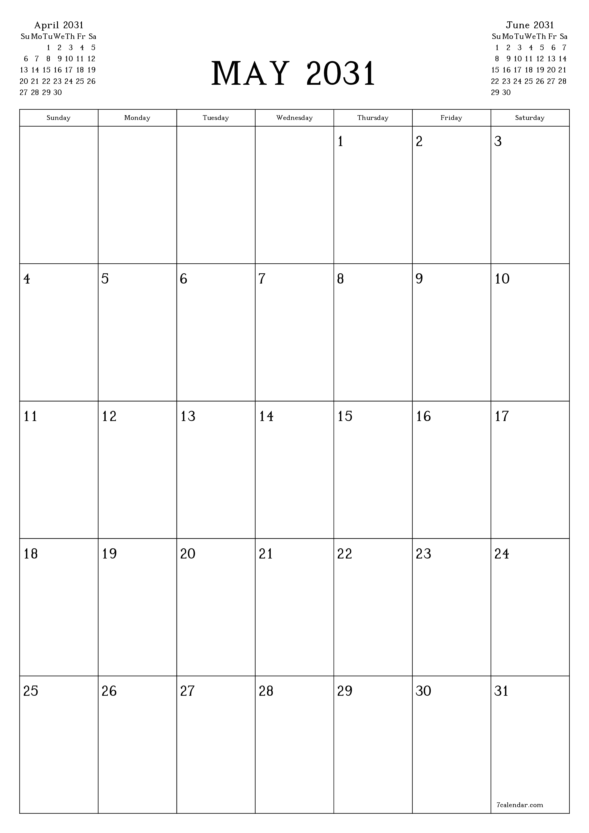 printable wall template free vertical Monthly planner calendar May (May) 2031