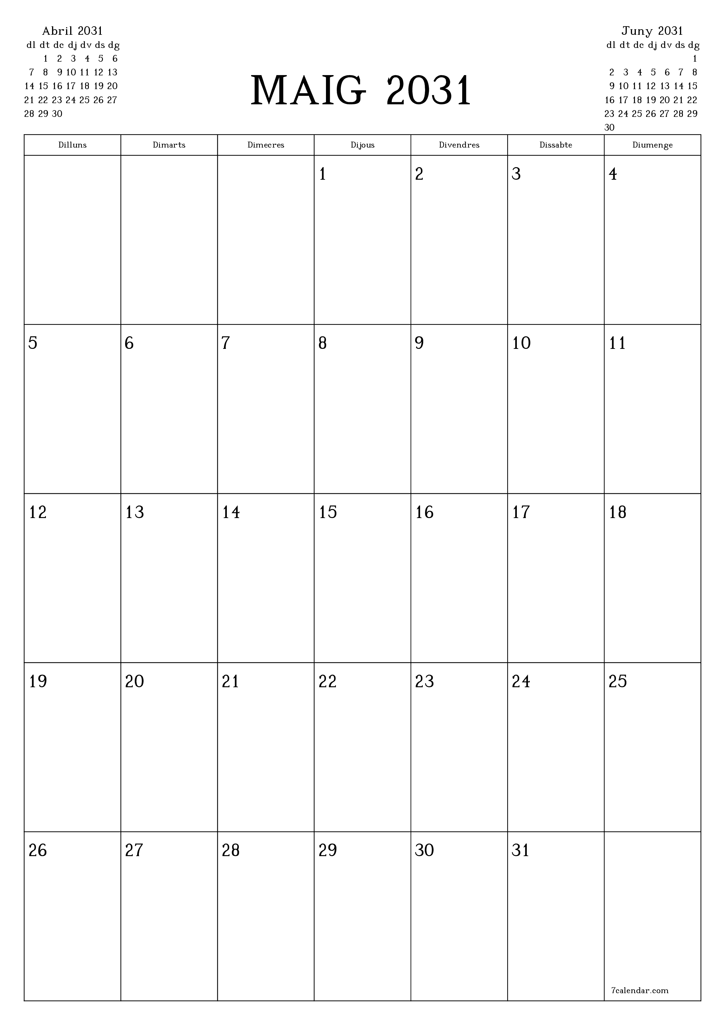  imprimible de paret plantilla de gratuïtvertical Mensual planificador calendari Maig (Mai) 2031