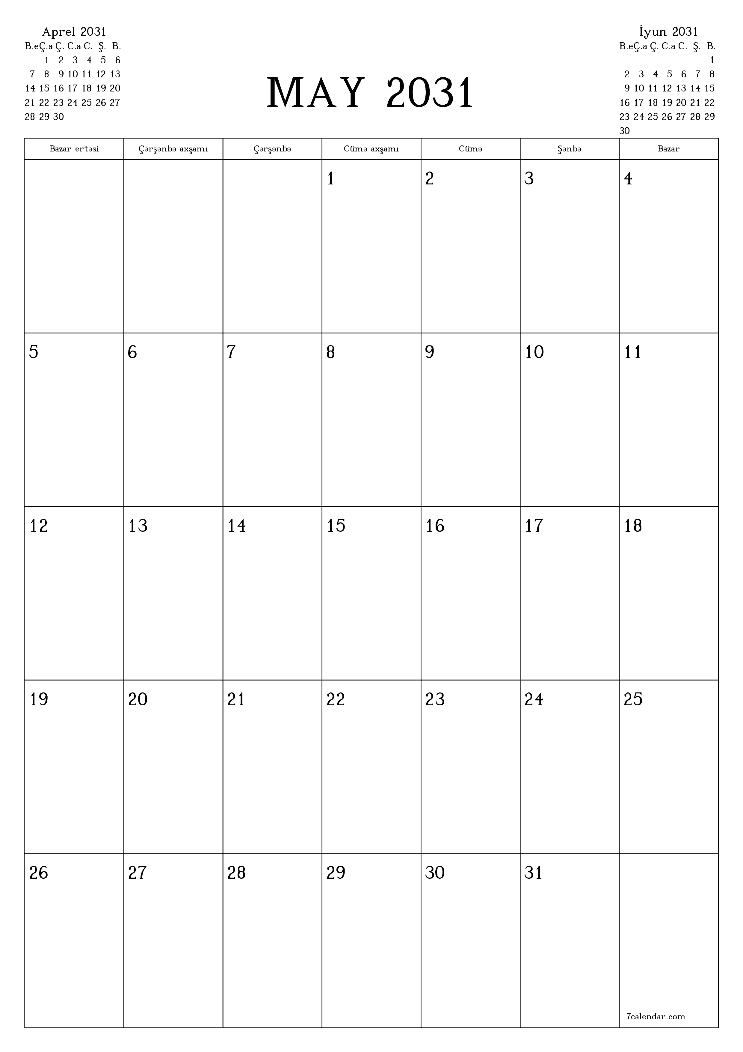 çap edilə bilən divar i şablonu pulsuz şaquli Aylıq planlaşdırıcı təqvim May (May) 2031