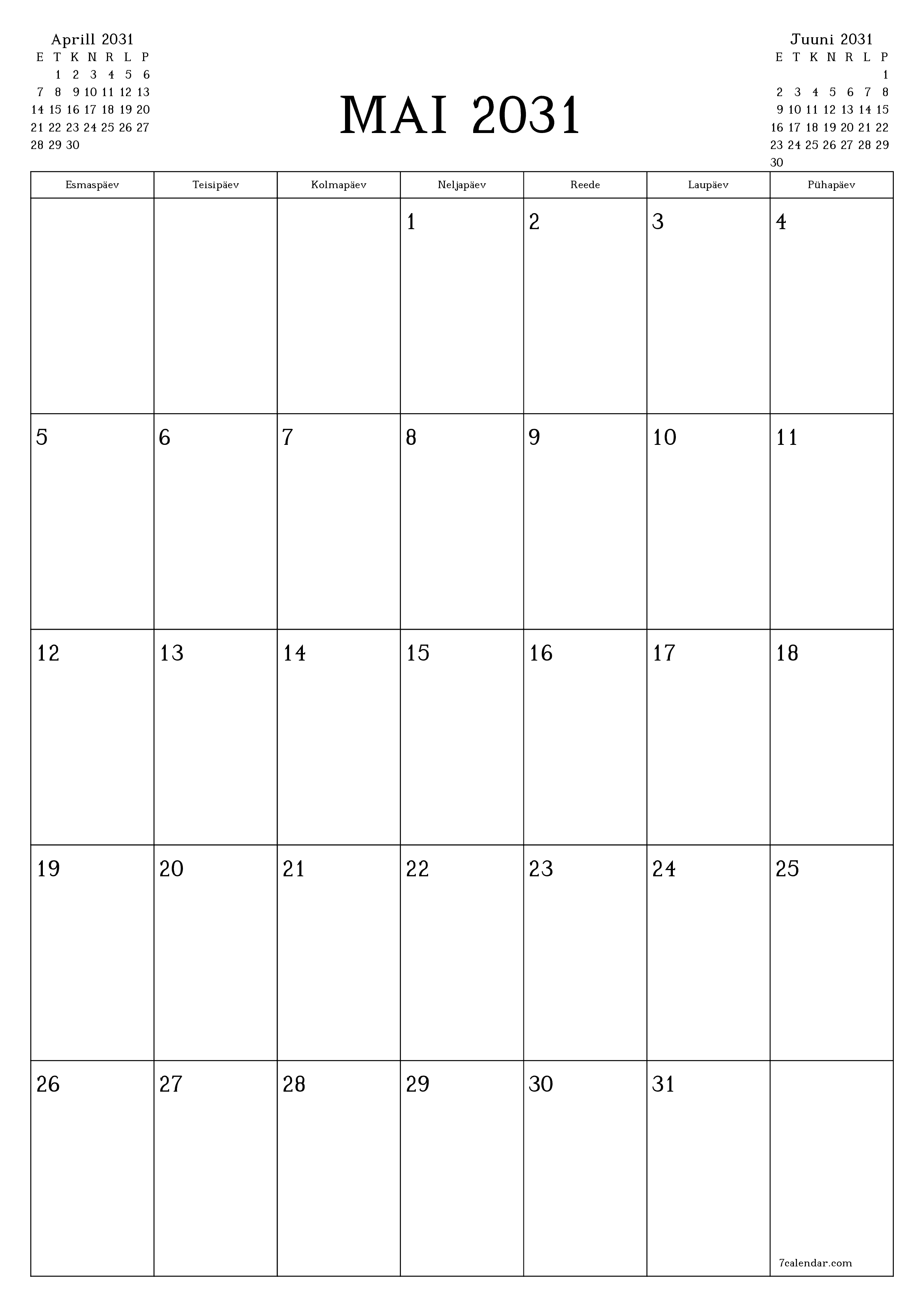 prinditav seina kalendri mall tasuta vertikaalne Igakuine planeerija kalender Mai (Mai) 2031