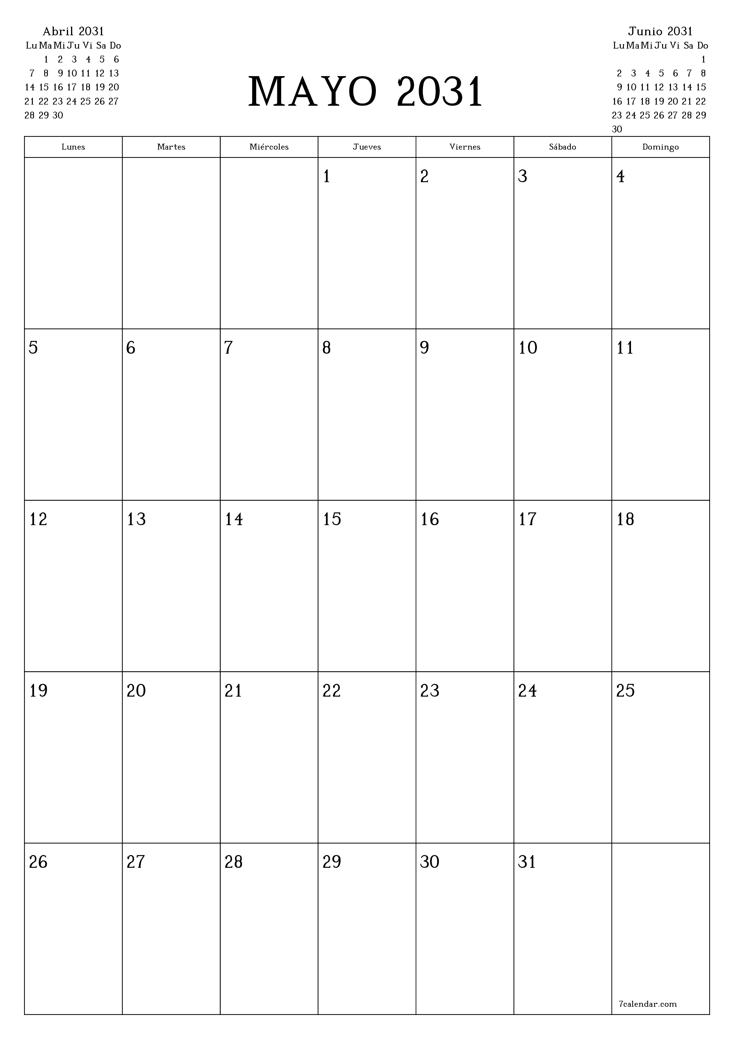  imprimible de pared plantilla de gratisvertical Mensual planificador calendario Mayo (May) 2031