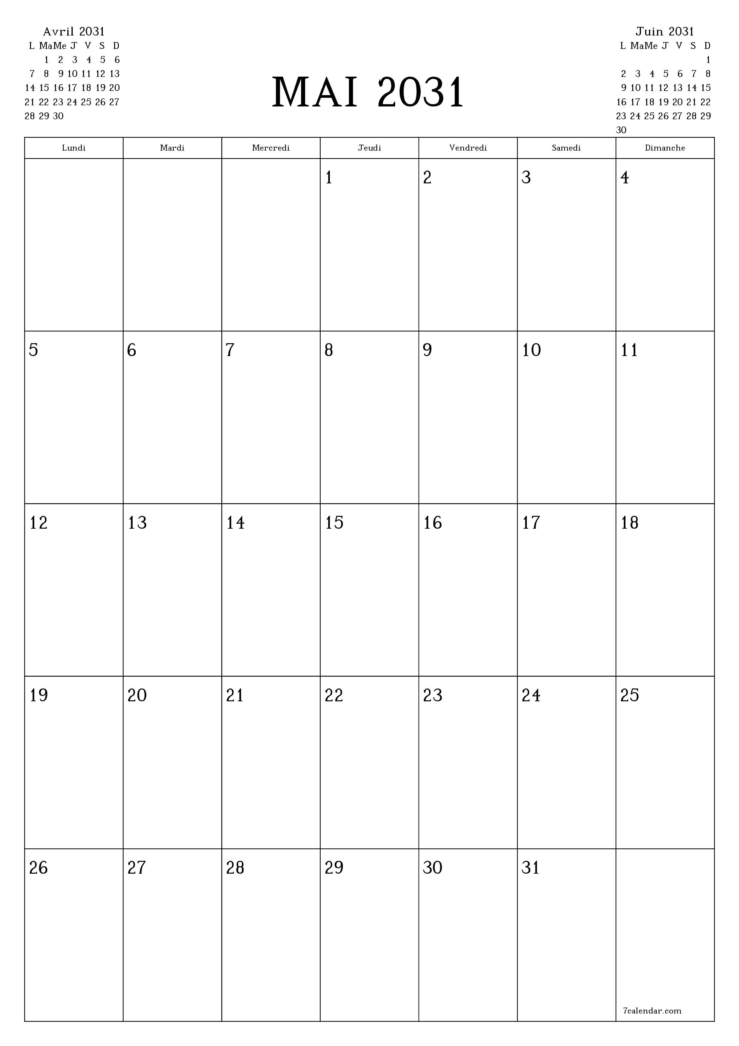  imprimable mural modèle de gratuitverticale Mensuel planificateur calendrier Mai (Mai) 2031