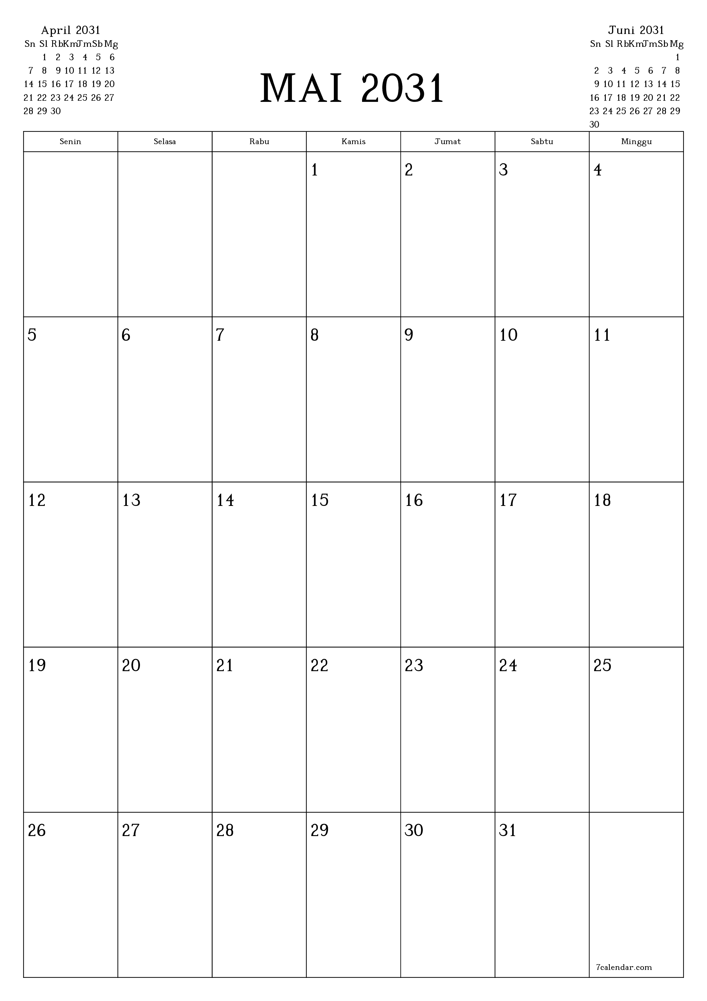  yang dapat dicetak dinding templat gratisvertikal Bulanan perencana kalender Mai (Mai) 2031