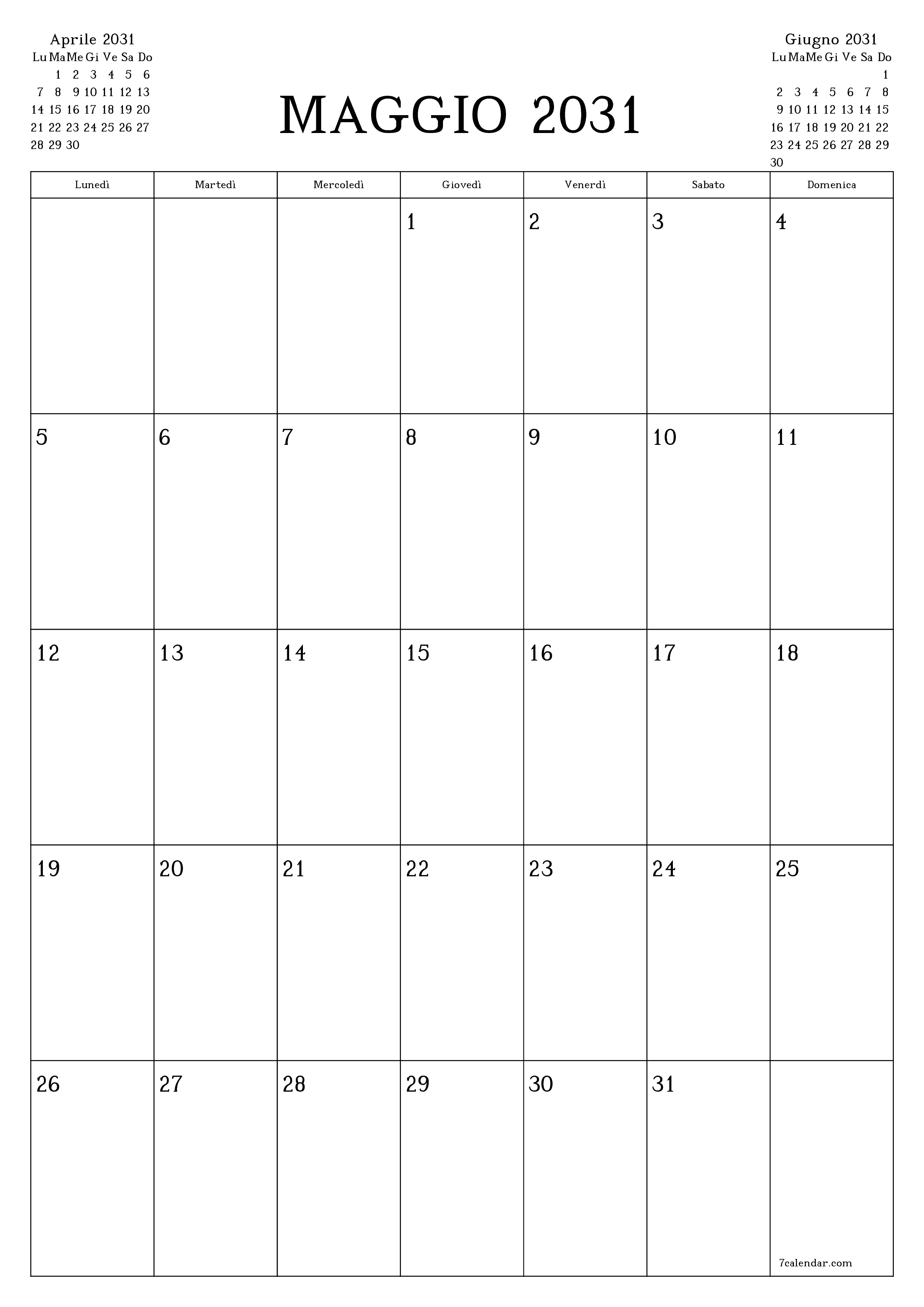  stampabile da parete modello di gratuitoverticale Mensile pianificatore calendario Maggio (Mag) 2031
