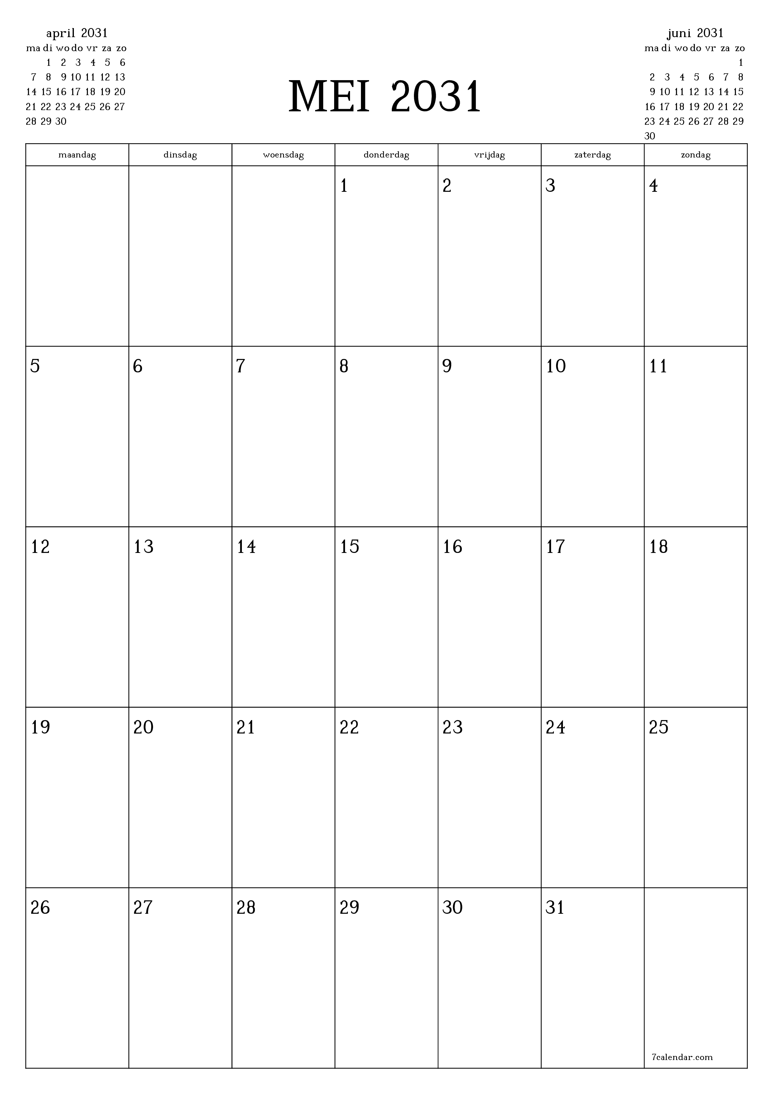 afdrukbare muur sjabloon gratis verticaal Maandelijks planner kalender mei (mei) 2031