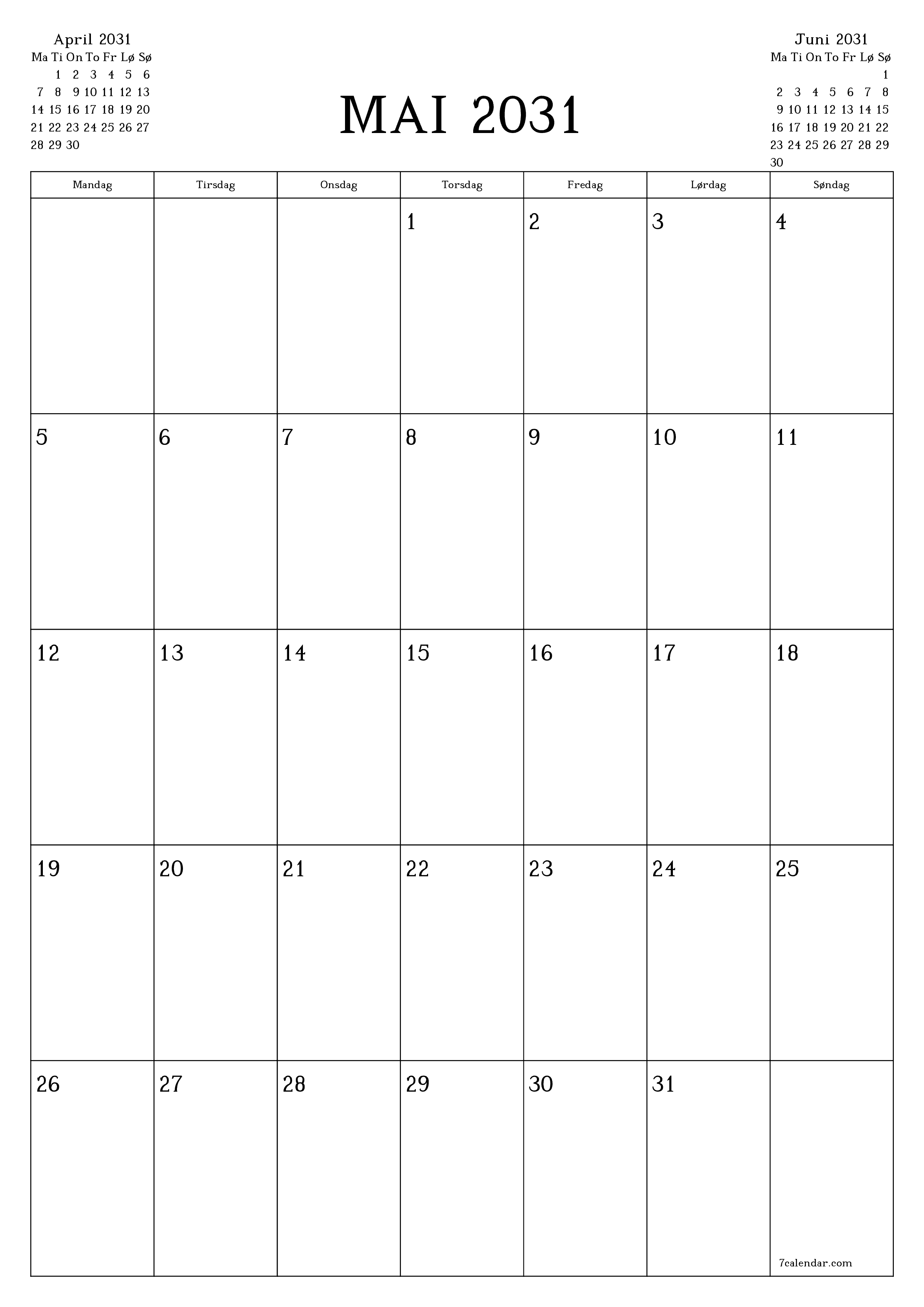 utskrivbar vegg mal gratis vertikal Månedlig planlegger kalender Mai (Mai) 2031