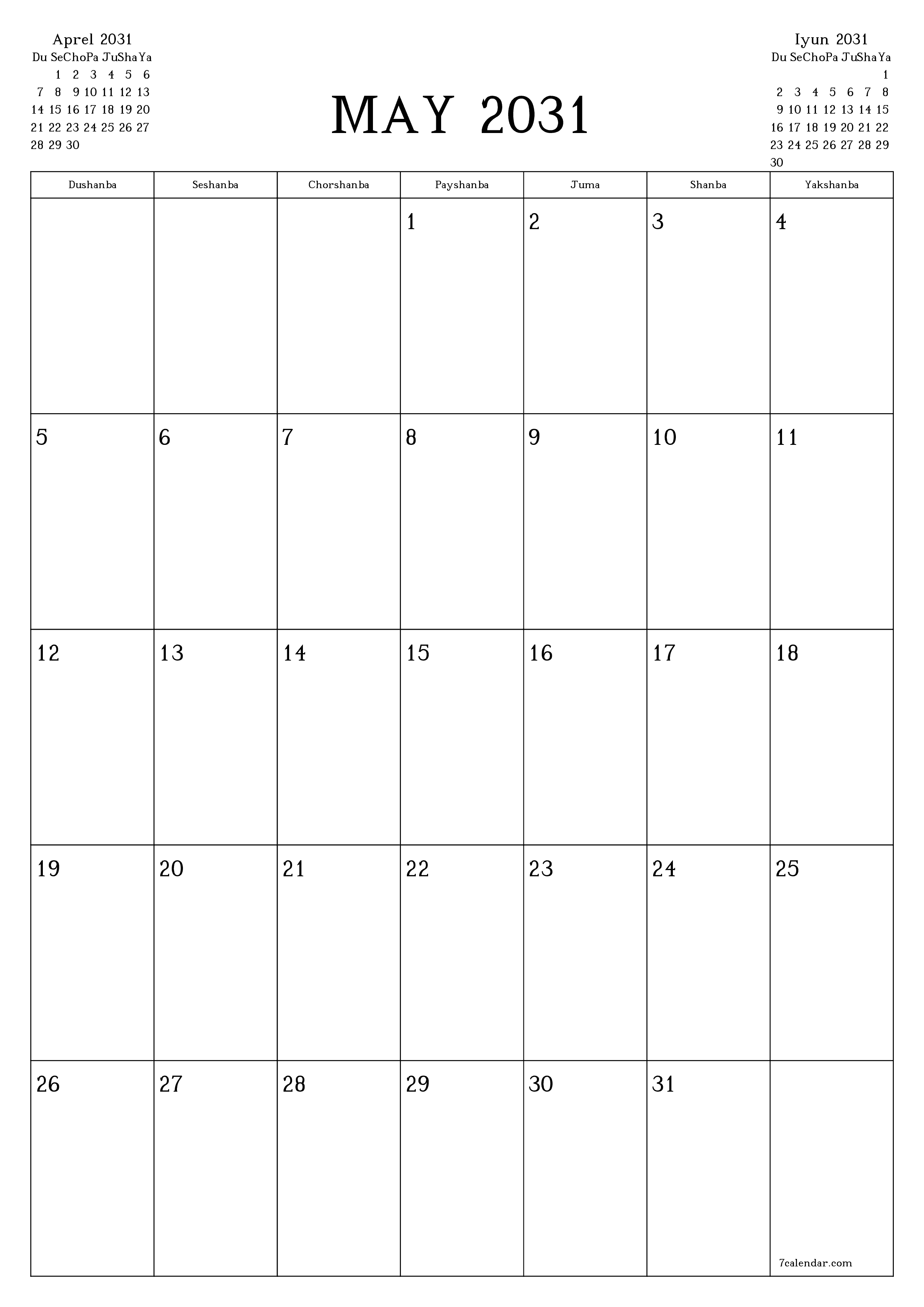 chop etiladigan devor taqvimi shabloni bepul vertikal Oylik rejalashtiruvchi kalendar May (May) 2031