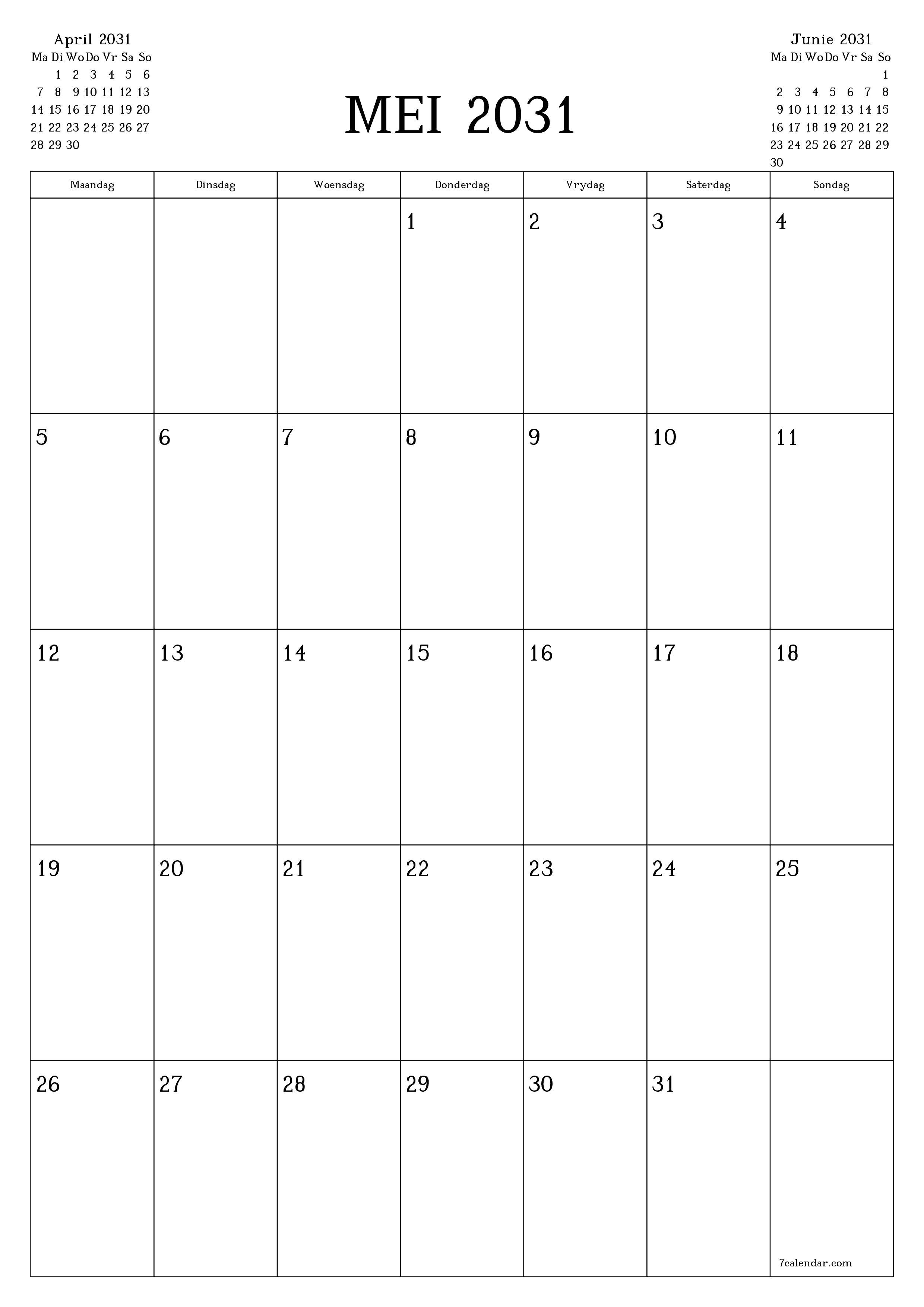 drukbare muur template gratis vertikaal Maandeliks beplanner kalender Mei (Mei) 2031
