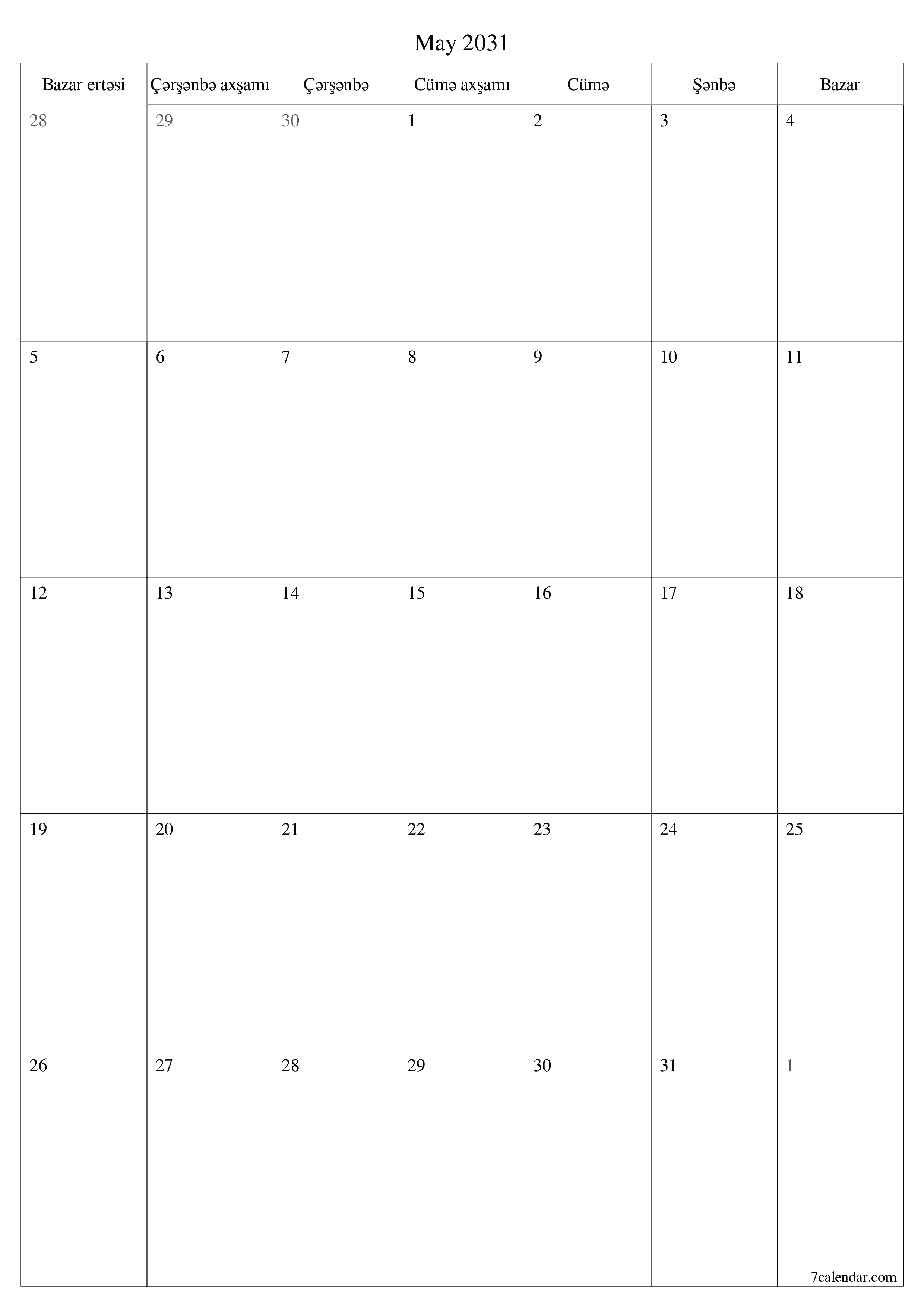 çap edilə bilən divar i şablonu pulsuz şaquli Aylıq planlaşdırıcı təqvim May (May) 2031