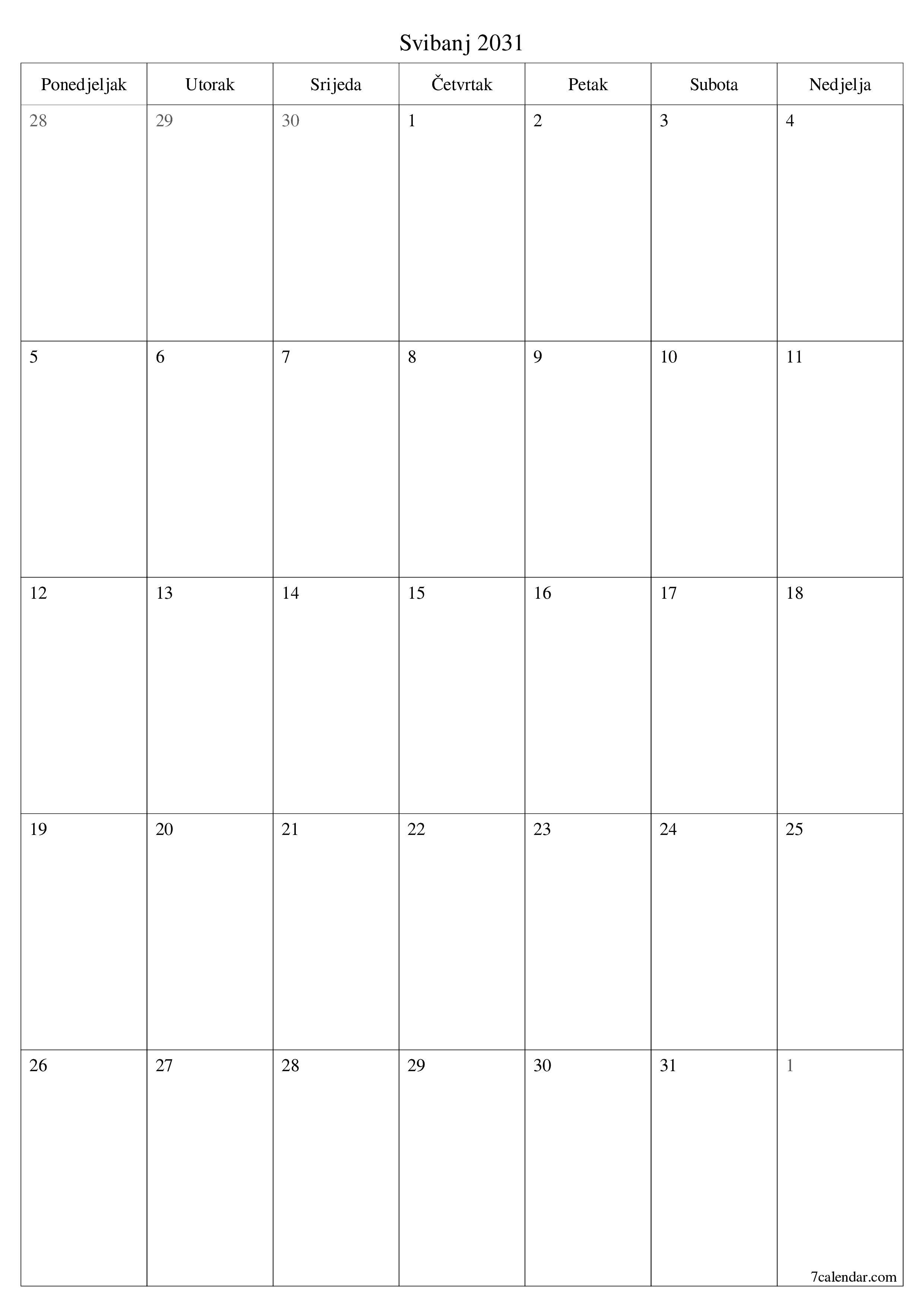  za ispis zidni predložak a besplatni okomito Mjesečni planer kalendar Svibanj (Svi) 2031