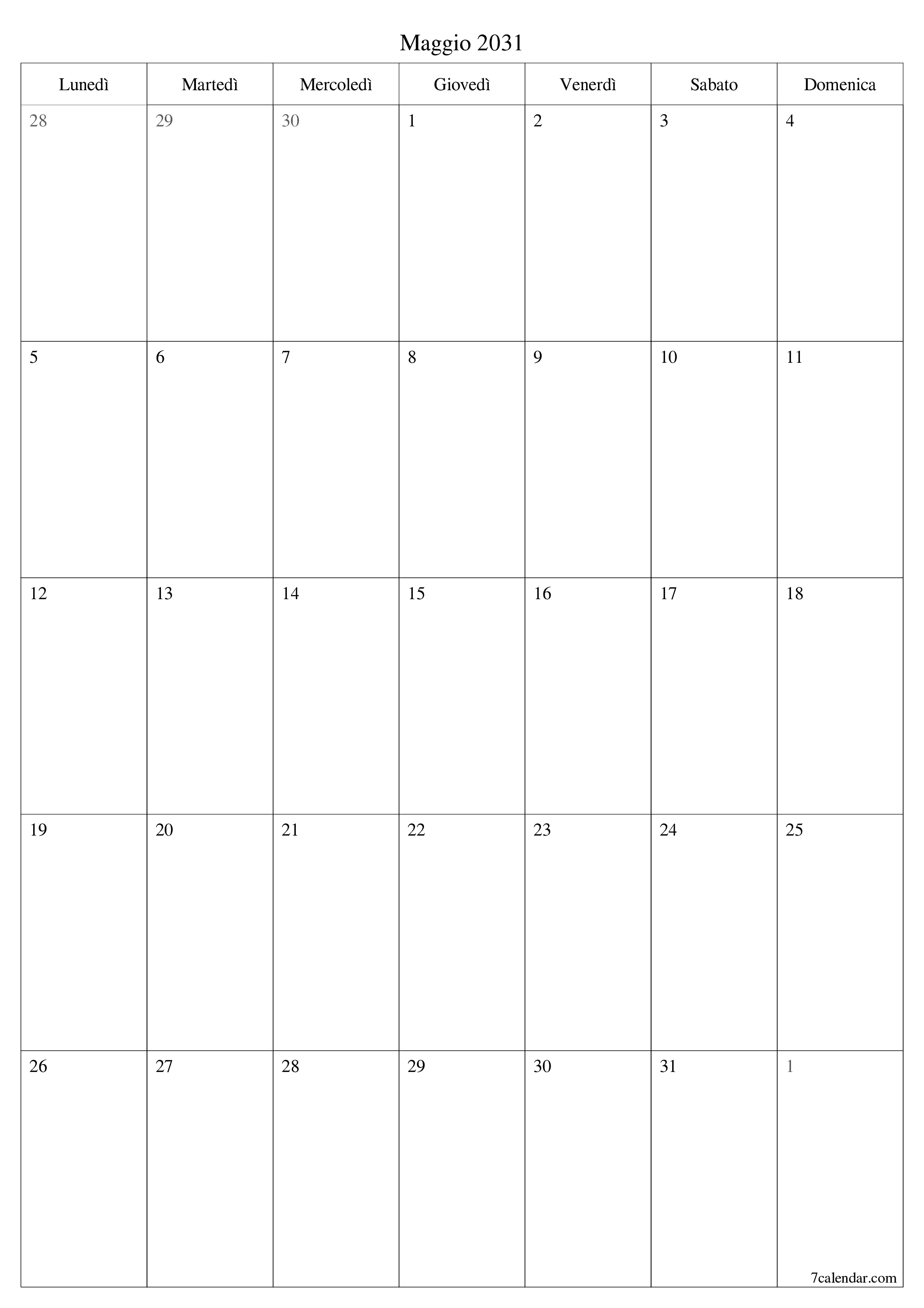  stampabile da parete modello di gratuitoverticale Mensile pianificatore calendario Maggio (Mag) 2031