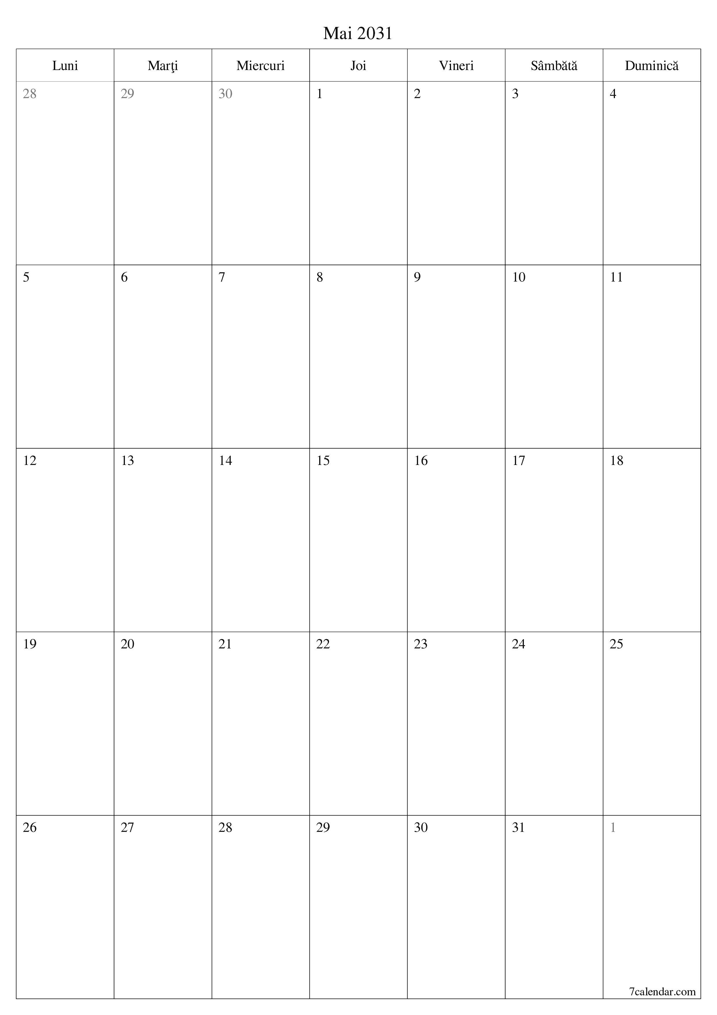  imprimabil de perete șablon de gratuitvertical Lunar planificator calendar Mai (Mai) 2031