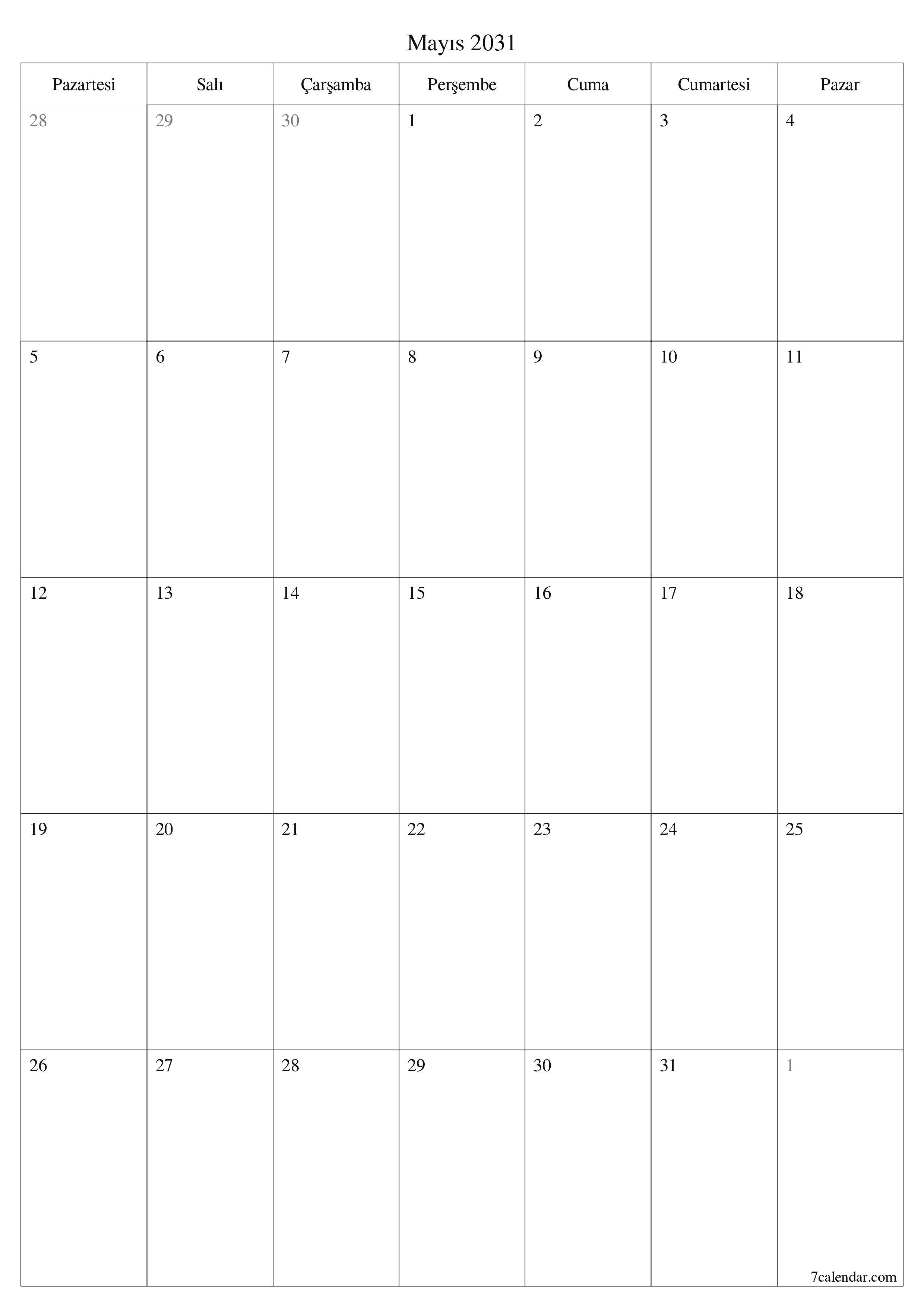 yazdırılabilir duvar i şablonu ücretsiz dikey Aylık planlayıcı takvim Mayıs (May) 2031