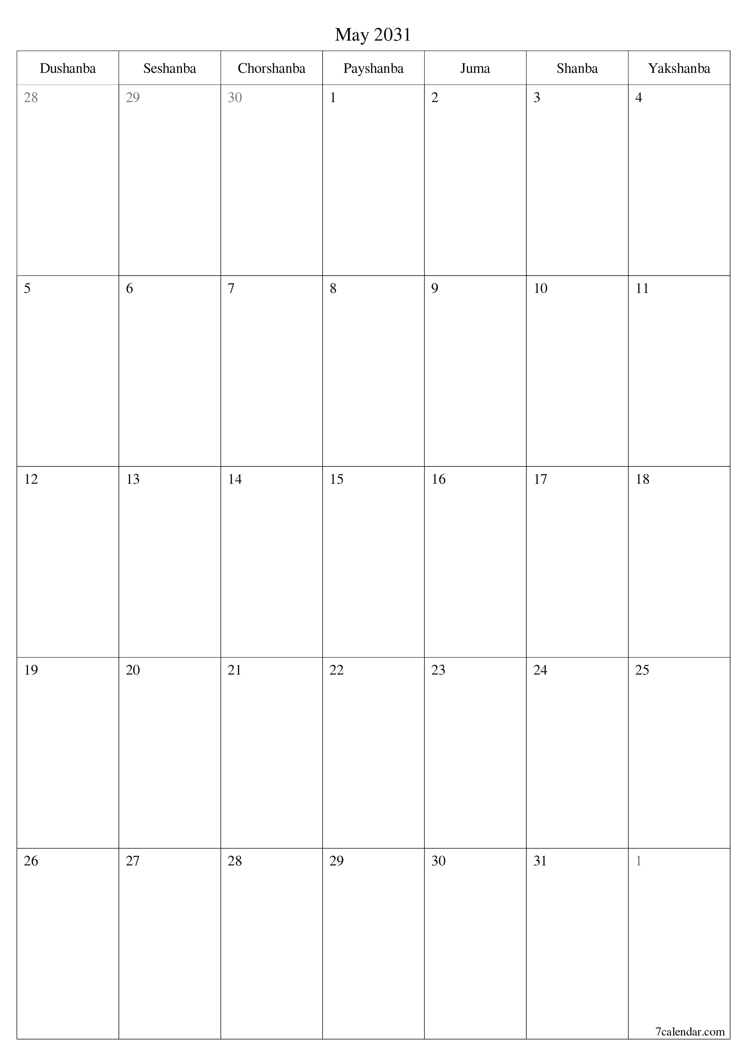 chop etiladigan devor taqvimi shabloni bepul vertikal Oylik rejalashtiruvchi kalendar May (May) 2031