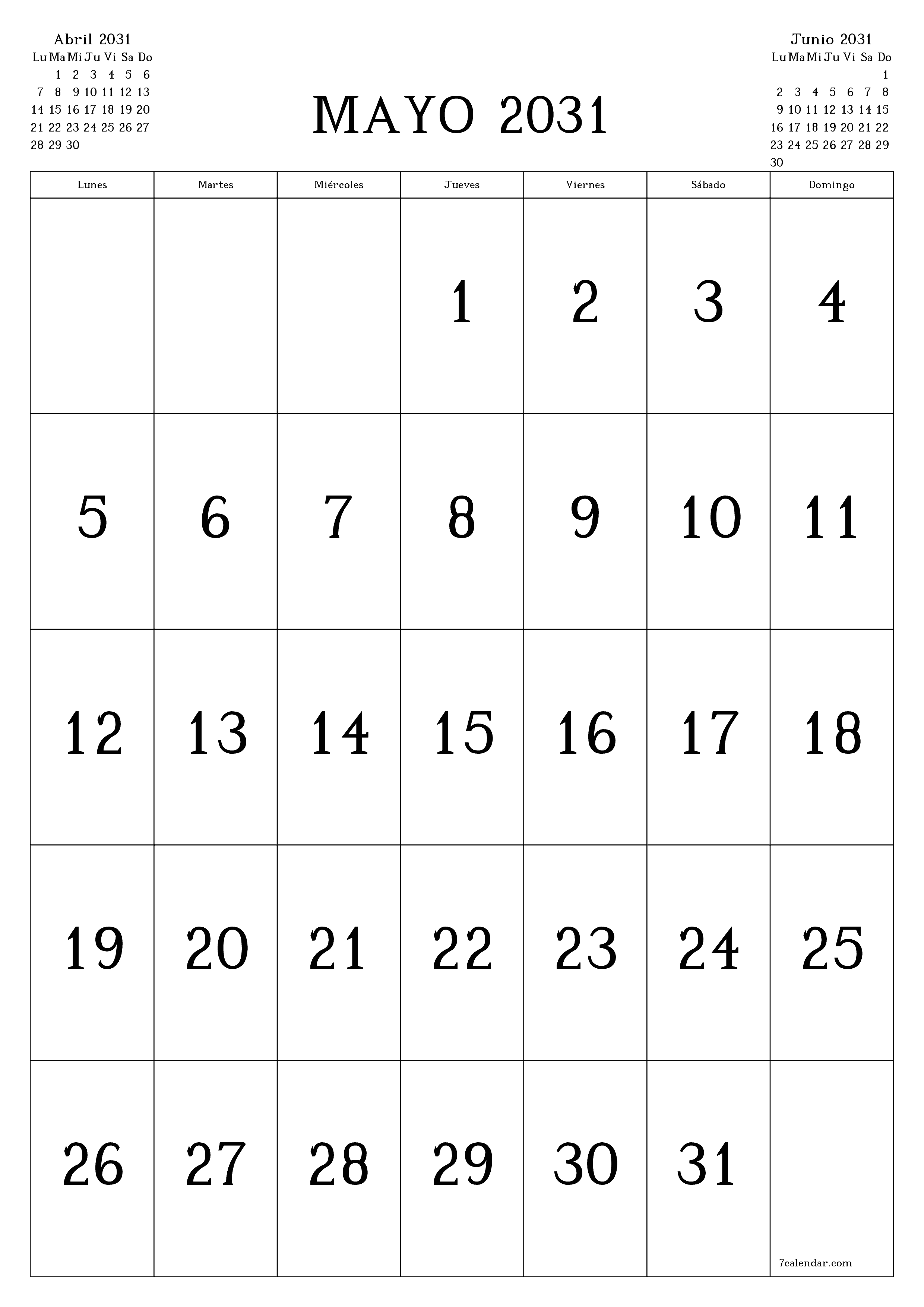  imprimible de pared plantilla de gratisvertical Mensual calendario Mayo (May) 2031