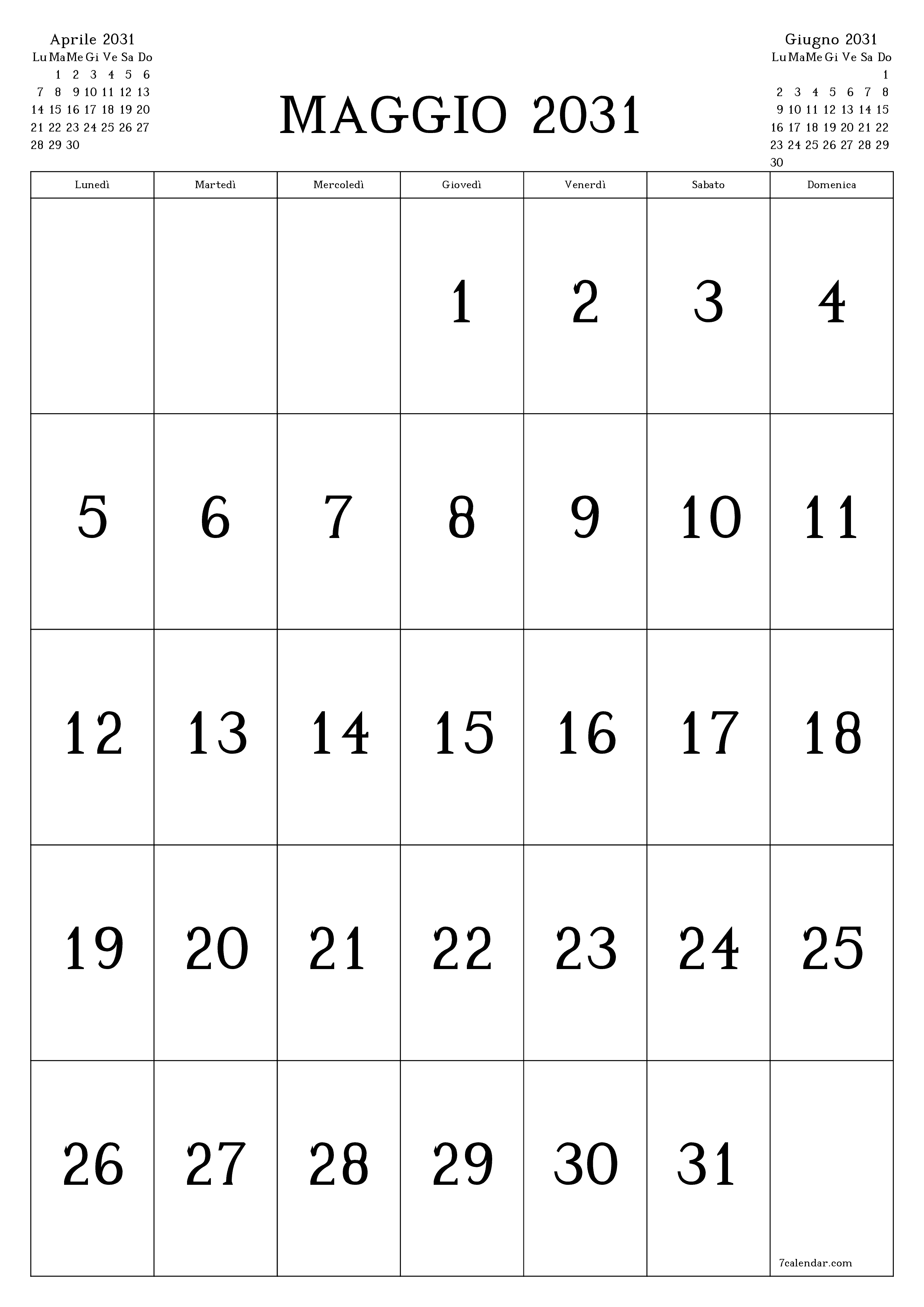  stampabile da parete modello di gratuitoverticale Mensile calendario Maggio (Mag) 2031