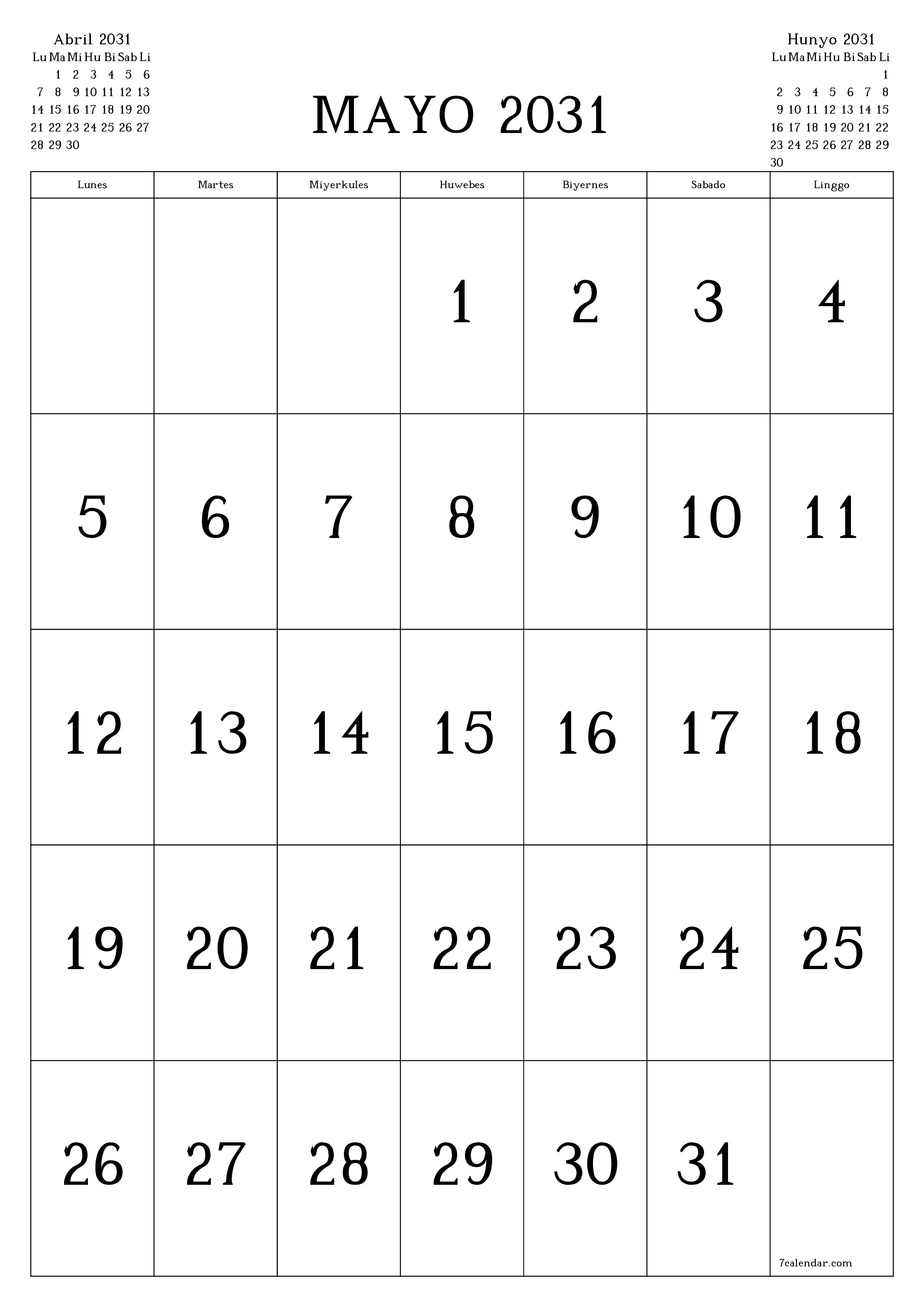 napi-print na sa dingding template ng libreng patayo Buwanang kalendaryo Mayo (May) 2031