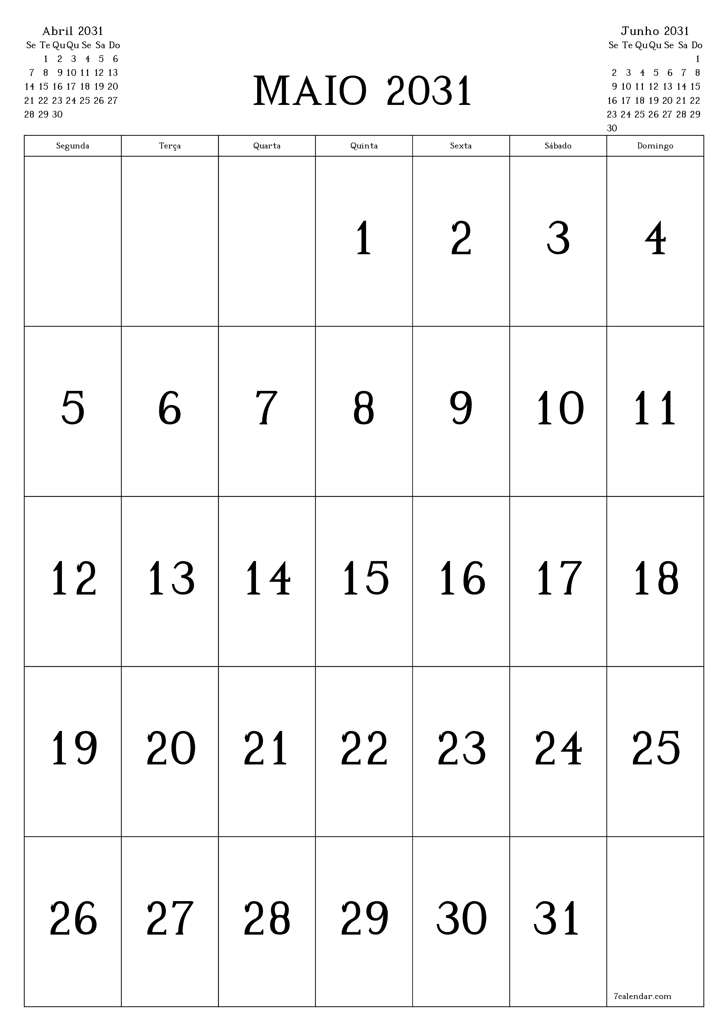  para impressão de parede modelo de grátisvertical Mensal calendário Maio (Mai) 2031
