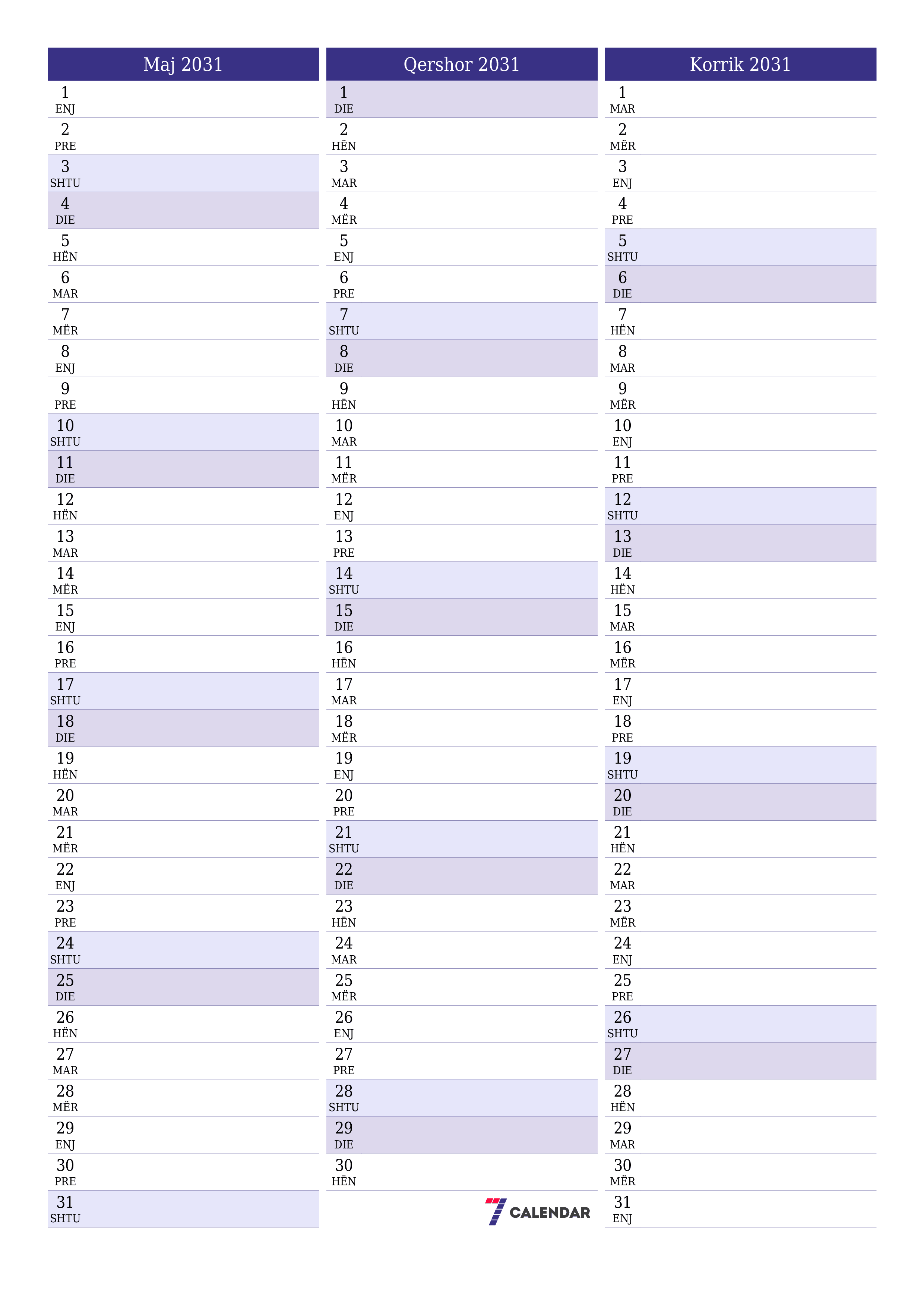 Planifikuesi i zbrazët i kalendarit mujor për muajin Maj 2031 me shënime të ruajtura dhe të printuara në PDF PNG Albanian