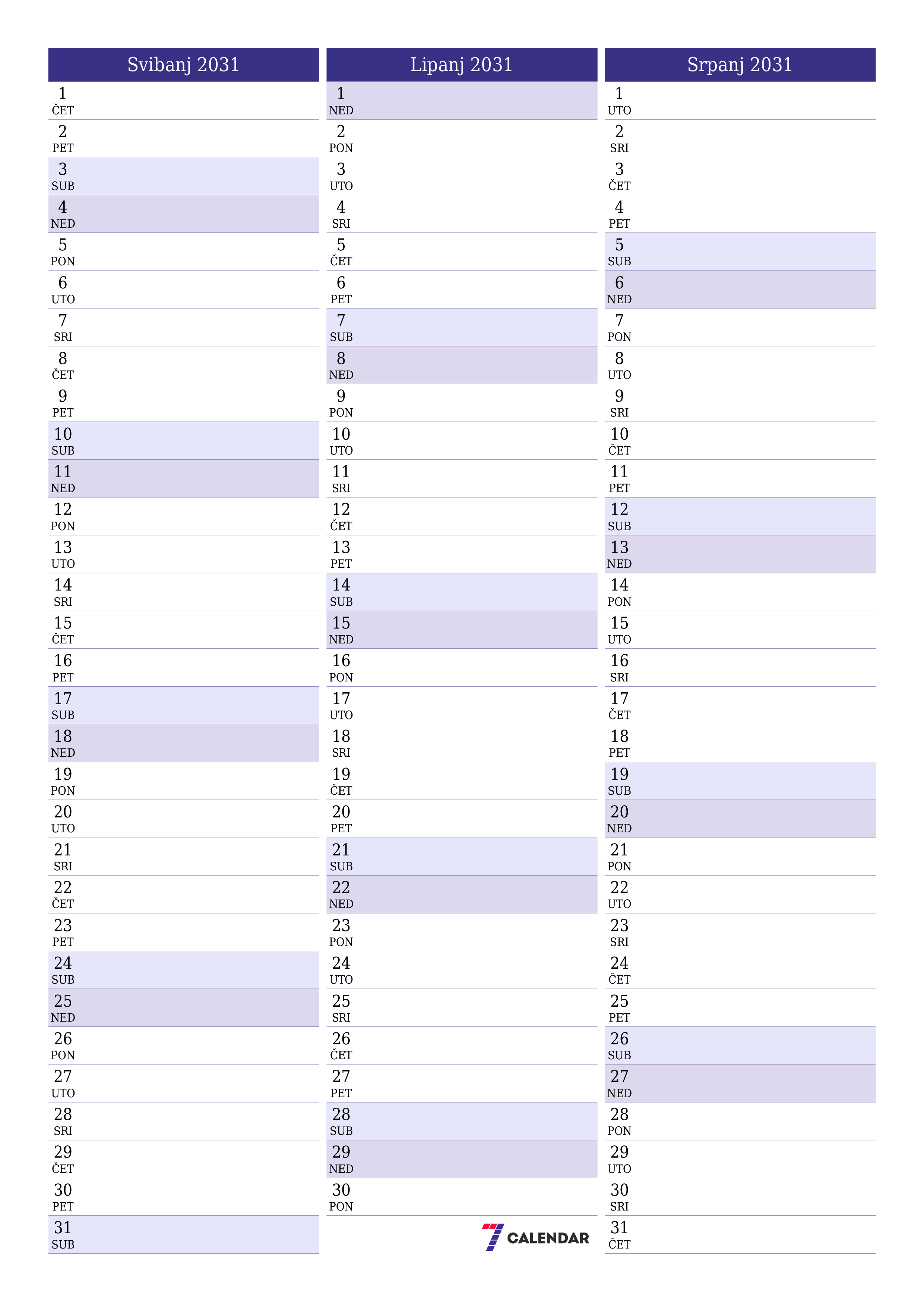  za ispis zidni predložak a besplatni okomito Mjesečni planer kalendar Svibanj (Svi) 2031