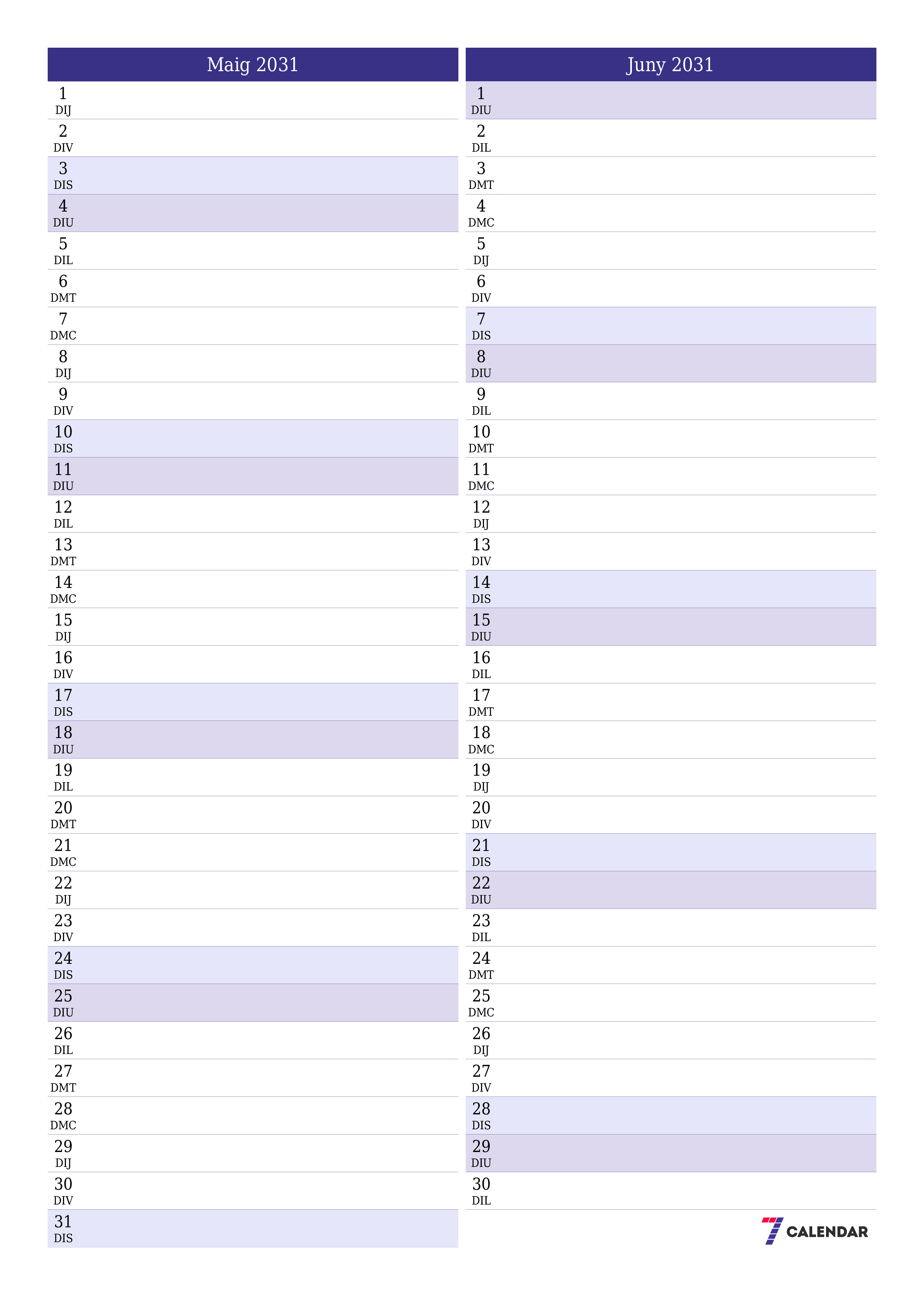  imprimible de paret plantilla de gratuïtvertical Mensual planificador calendari Maig (Mai) 2031