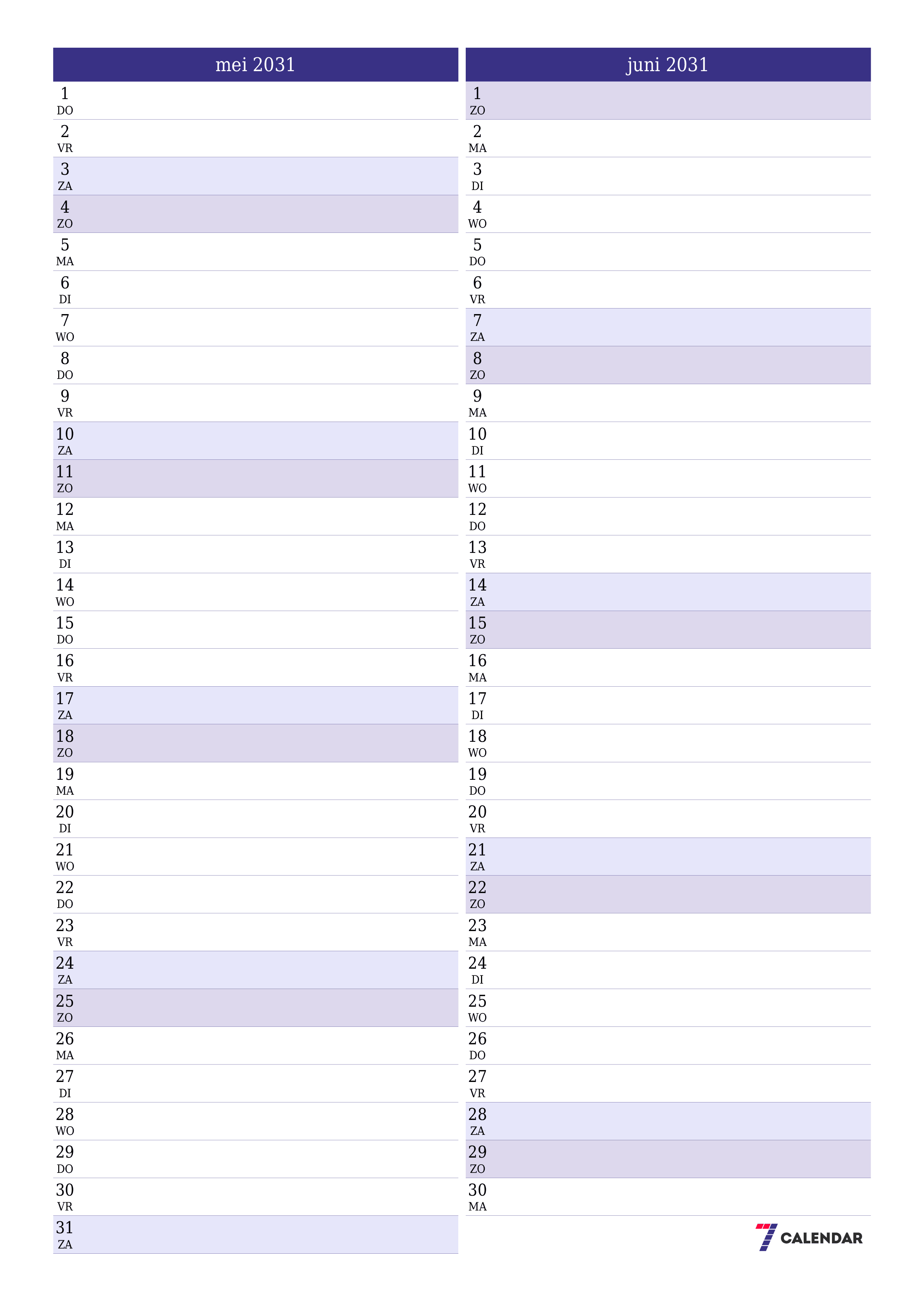 afdrukbare muur sjabloon gratis verticaal Maandelijks planner kalender mei (mei) 2031