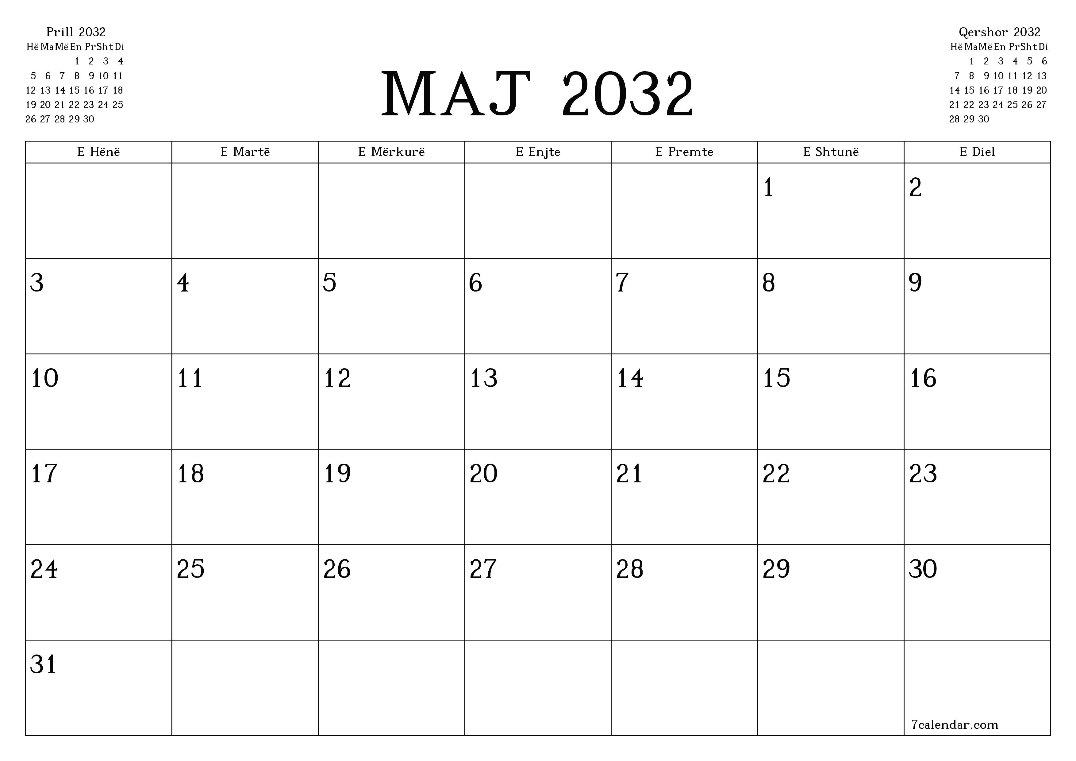 Planifikuesi i zbrazët i kalendarit mujor për muajin Maj 2032 me shënime të ruajtura dhe të printuara në PDF PNG Albanian