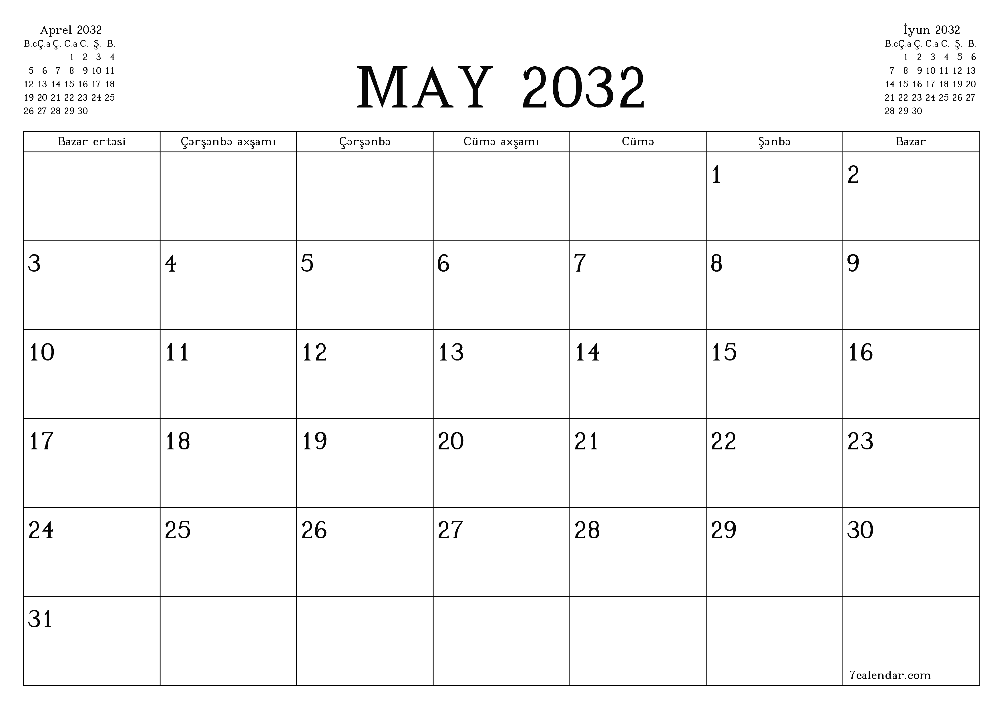 May 2032 ayı üçün qeydlər ilə boş aylıq planlayıcı, qeyd edin və PDF-ə yazdırın PNG Azerbaijani