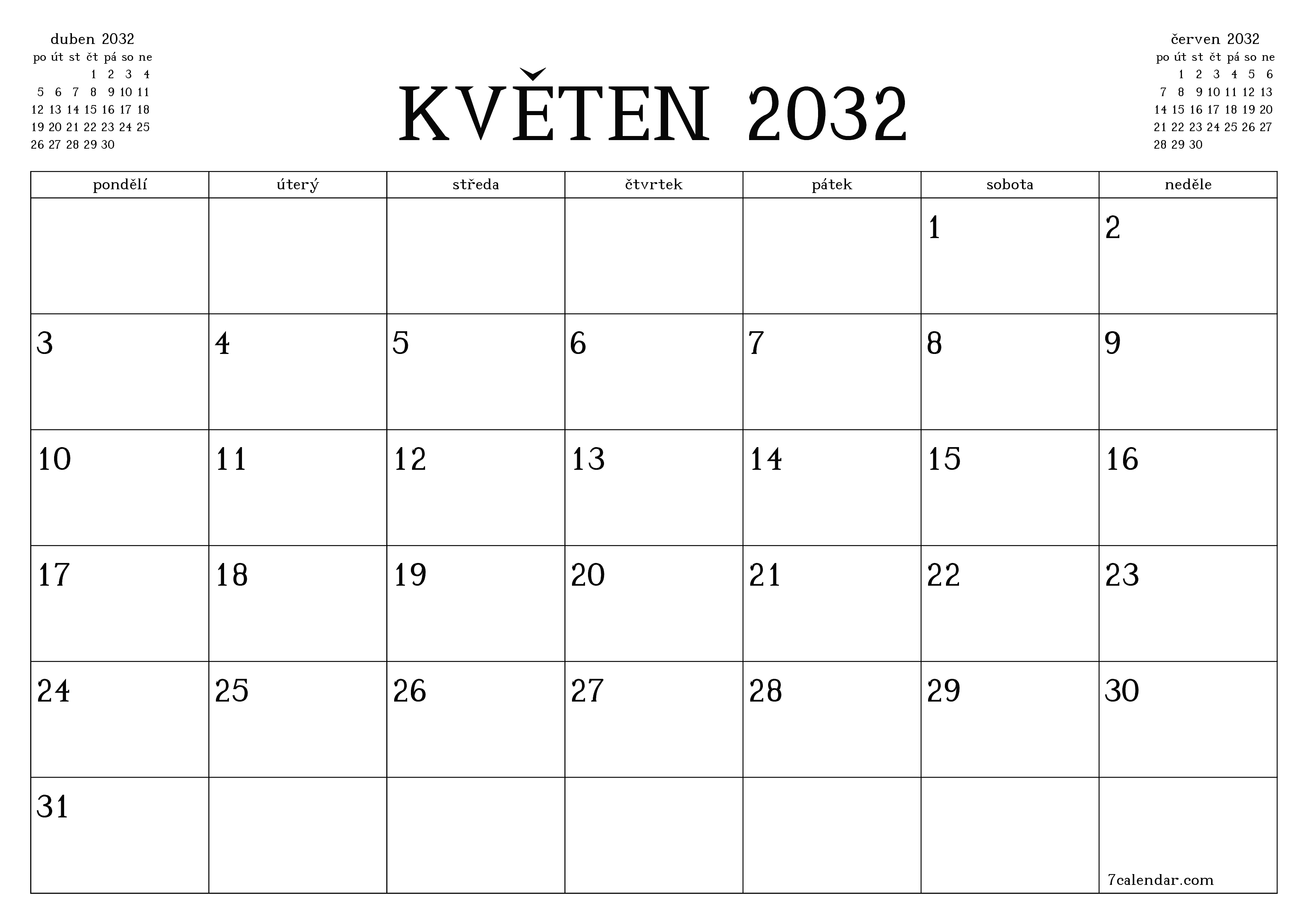Vyprázdnit měsíční plánovač na měsíc květen 2032 s poznámkami, uložit a vytisknout do PDF PNG Czech