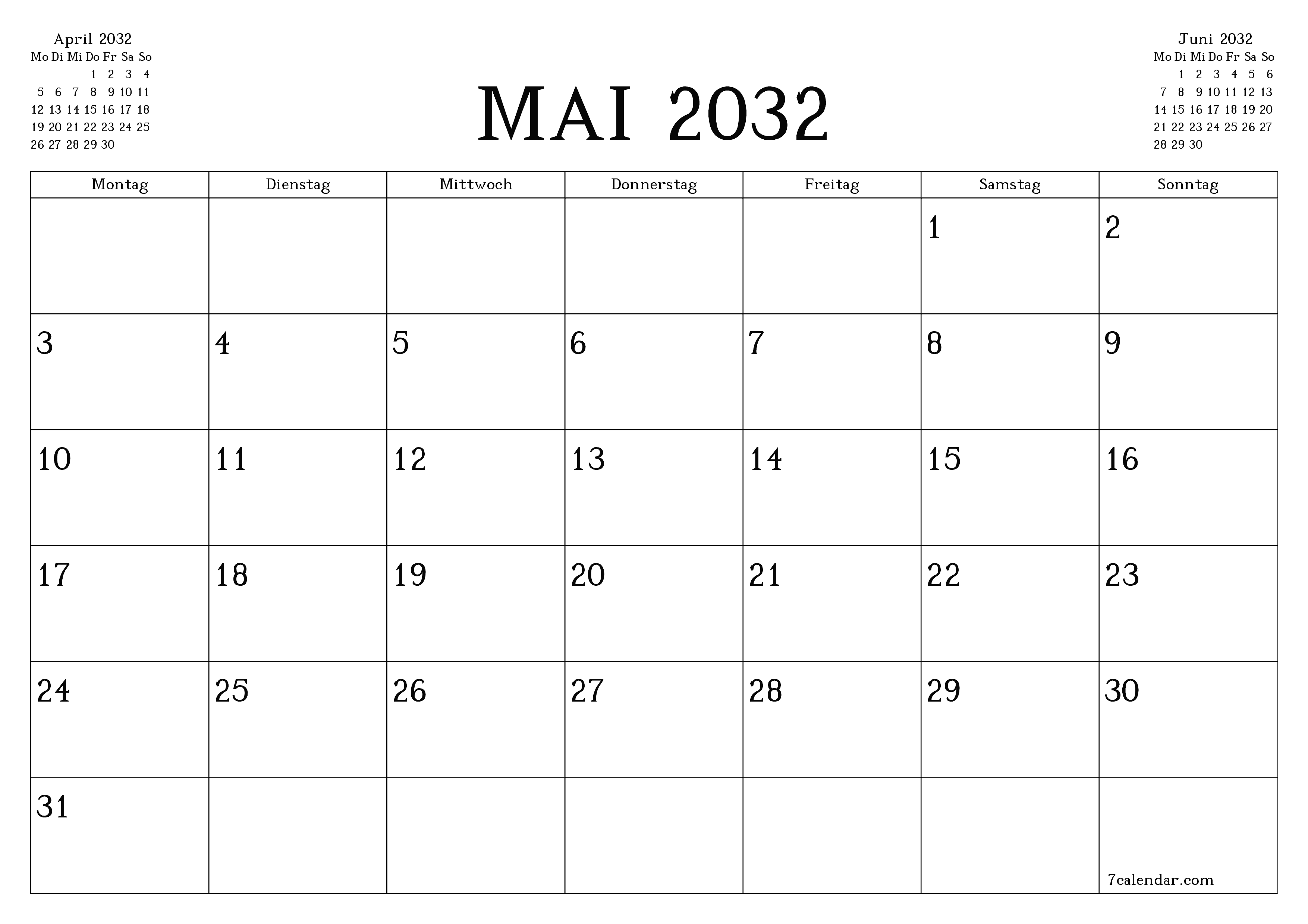 Monatsplaner für Monat Mai 2032 mit Notizen leeren, speichern und als PDF PNG German - 7calendar.com drucken