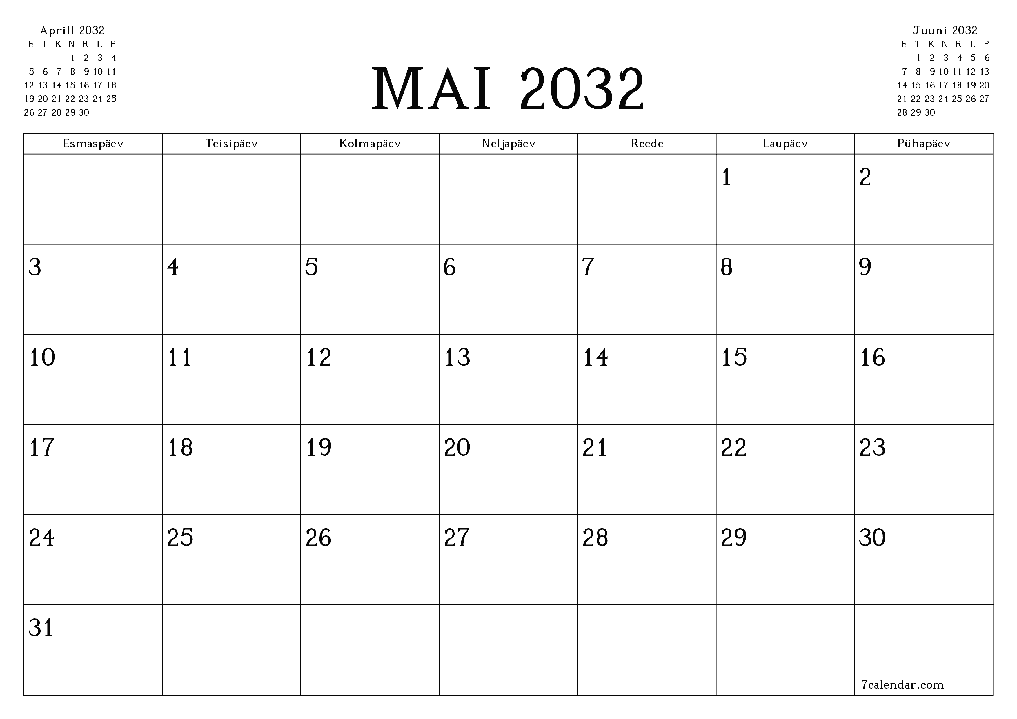 Tühjendage kuu Mai 2032 kuuplaneerija märkmetega, salvestage ja printige PDF-i PNG Estonian