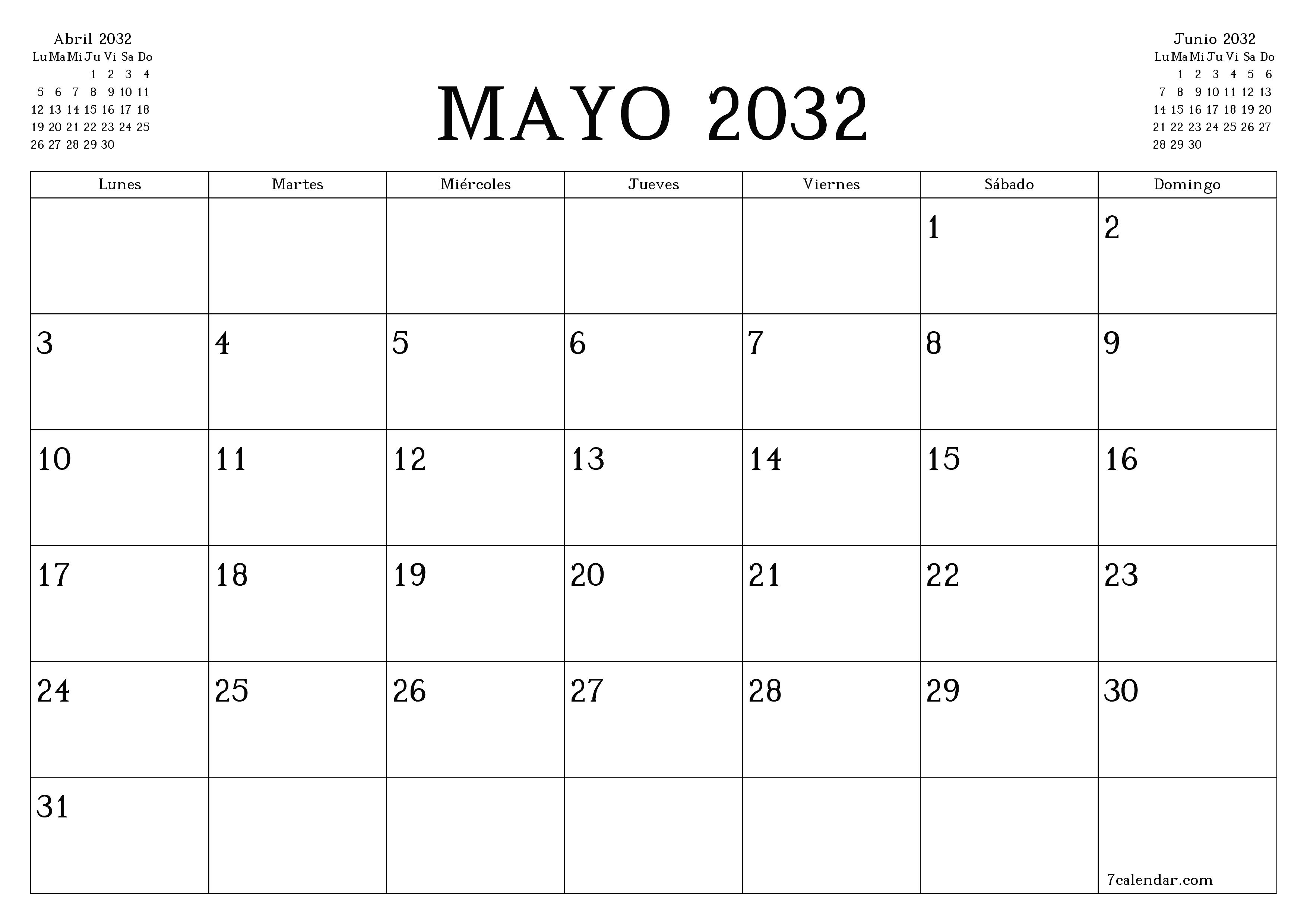 Planificador mensual vacío para el mes Mayo 2032 con notas, guardar e imprimir en PDF PNG Spanish